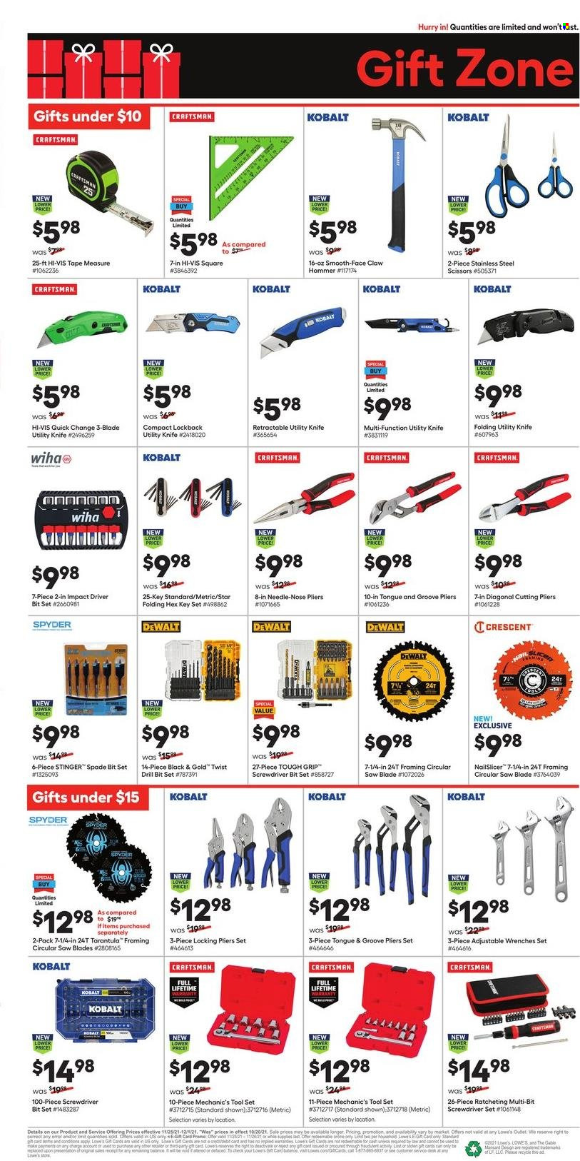thumbnail - Lowe's Flyer - 11/25/2021 - 12/01/2021 - Sales products - DeWALT, scissors, hammer, impact driver, drill bit set, Craftsman, circular saw blade, screwdriver bits, pliers, tool set, claw hammer, measuring tape, mechanic's tools, utility knife. Page 2.