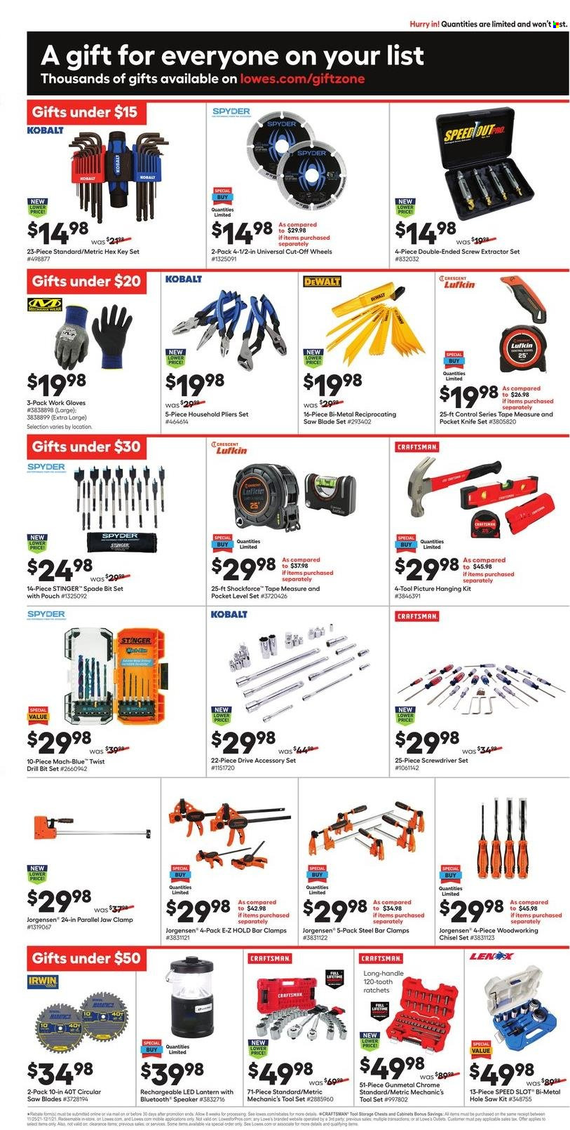 thumbnail - Lowe's Flyer - 11/25/2021 - 12/01/2021 - Sales products - DeWALT, knife, speaker, lantern, pocket knife, screwdriver, drill bit set, Craftsman, circular saw blade, reciprocating saw blade, grinding wheel, tooth ratchets, pliers, tool set, screwdriver set, measuring tape, work gloves, mechanic's tools. Page 3.