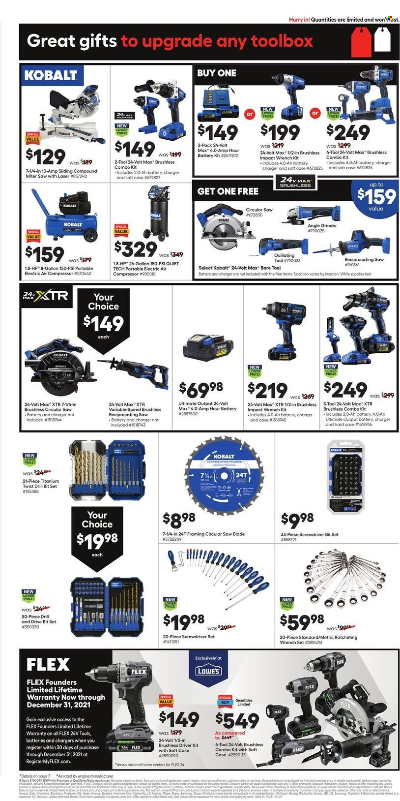 thumbnail - Lowe's Flyer - 11/25/2021 - 12/01/2021 - Sales products - Gain, Sharp, battery charger, LG, Hewlett Packard, Midea, Amana, Maytag, grinder, drill bit set, circular saw blade, circular saw, saw, angle grinder, reciprocating saw, screwdriver bits, tool box, combo kit, wrench set, air compressor. Page 5.
