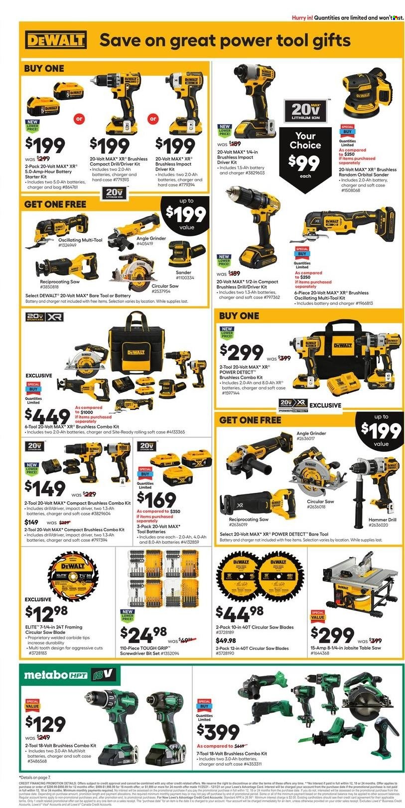 thumbnail - Lowe's Flyer - 11/25/2021 - 12/01/2021 - Sales products - DeWALT, grinder, table, impact driver, circular saw blade, angle grinder, reciprocating saw, screwdriver bits, combo kit, tool set. Page 6.