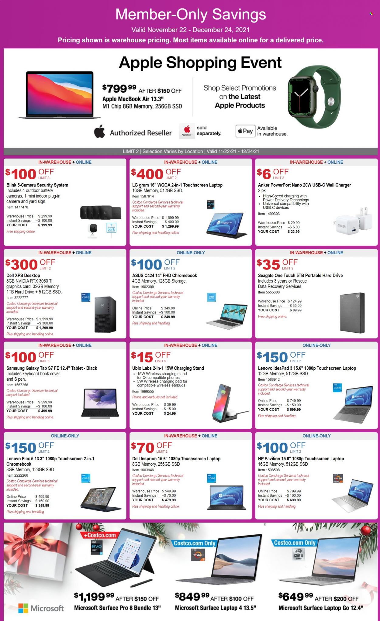 thumbnail - Costco Flyer - 11/22/2021 - 12/24/2021 - Sales products - Dell, LG, Intel, Apple, Asus, Lenovo, tablet, Hewlett Packard, Samsung Galaxy, Samsung Galaxy Tab, Yard, wall charger, pen, Anker, keyboard, Samsung, phone, charging stand, laptop, chromebook, MacBook, MacBook Air, touchscreen laptop, Ryzen, Seagate, hard disk, portable hard drive, earbuds, window. Page 1.