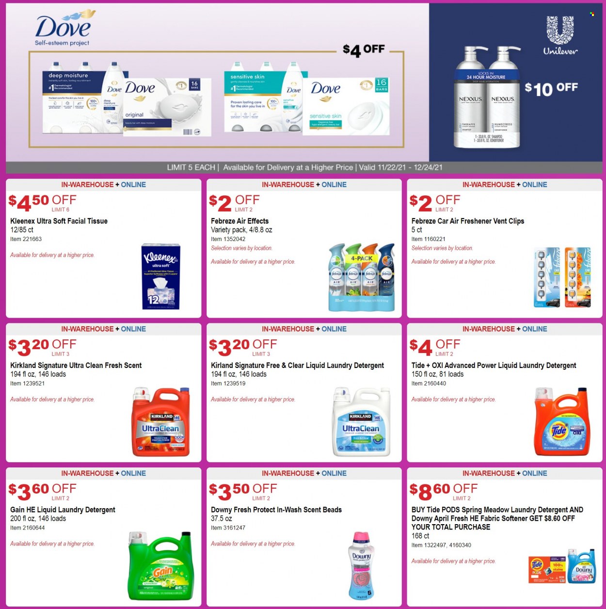 thumbnail - Costco Flyer - 11/22/2021 - 12/24/2021 - Sales products - Dove, Kleenex, tissues, detergent, Febreze, Gain, Tide, fabric softener, laundry detergent, Nexxus, air freshener. Page 6.