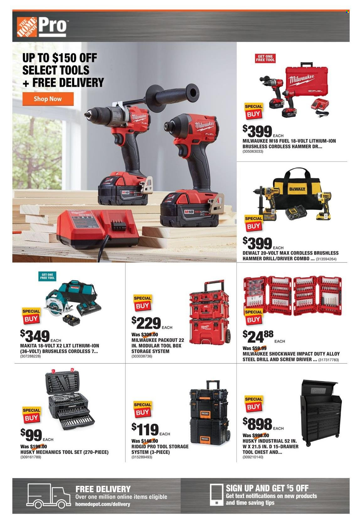 thumbnail - The Home Depot Flyer - 11/22/2021 - 11/29/2021 - Sales products - Milwaukee, DeWALT, drill, Ridgid, Makita, tool box, tool set, tool chest. Page 1.