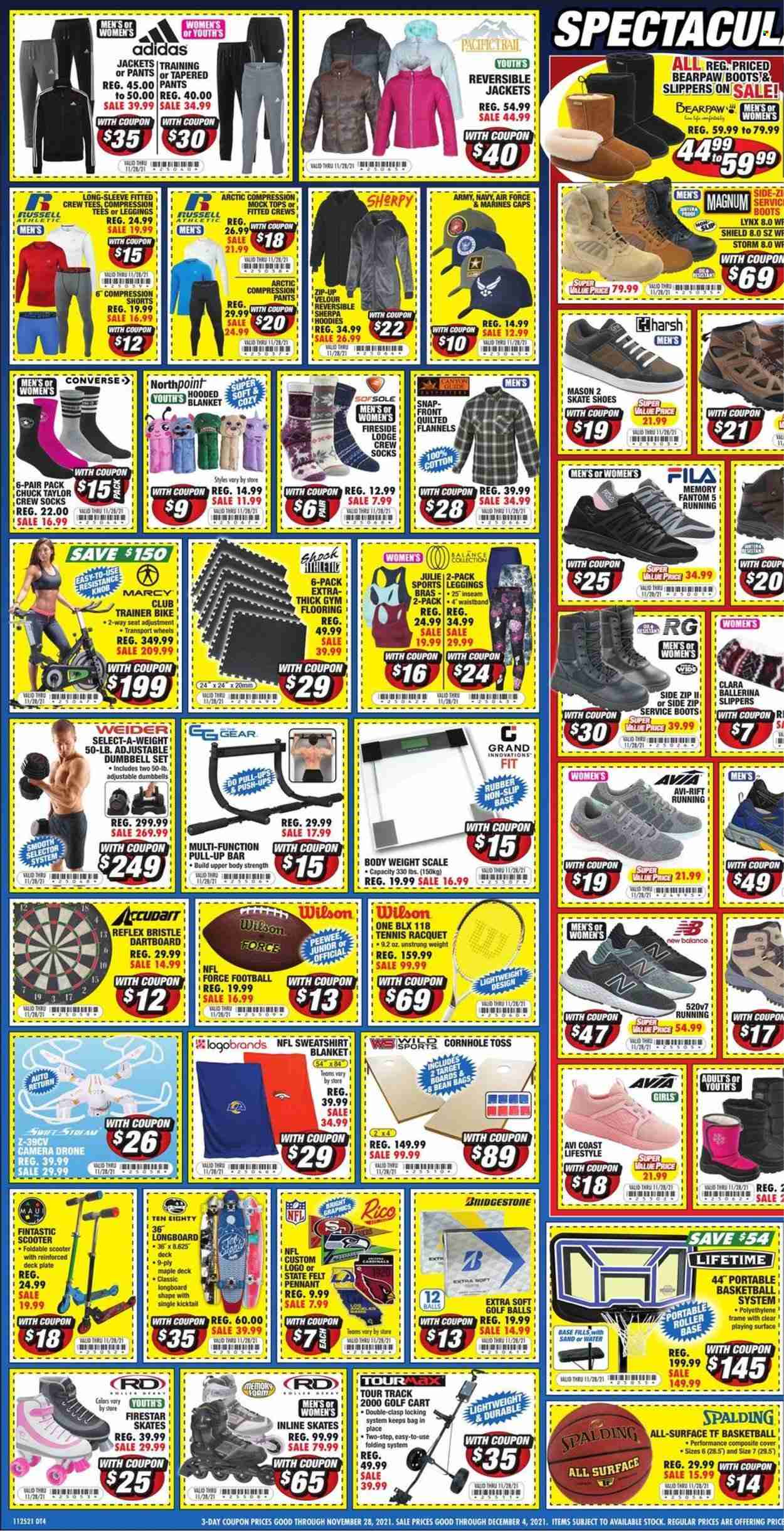 thumbnail - Big 5 Flyer - 11/23/2021 - 12/04/2021 - Sales products - Adidas, Bearpaw, boots, Converse, Fila, New Balance, shoes, slippers, lid, plate, scale, Russell Athletic, jacket, shorts, Wilson, pants, Spalding, t-shirt, sweatshirt, hoodie, leggings, socks, cap, bag, basketball, dumbbell, inline skates, longboard, skates, golf balls, bra. Page 2.