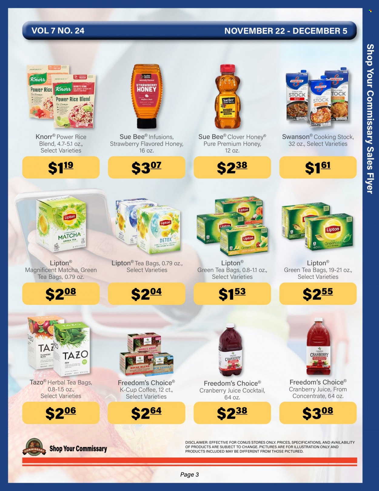 thumbnail - Commissary Flyer - 11/22/2021 - 12/05/2021 - Sales products - Knorr, rice, honey, cranberry juice, juice, Lipton, green tea, matcha, herbal tea, tea bags, coffee, coffee capsules, K-Cups. Page 3.