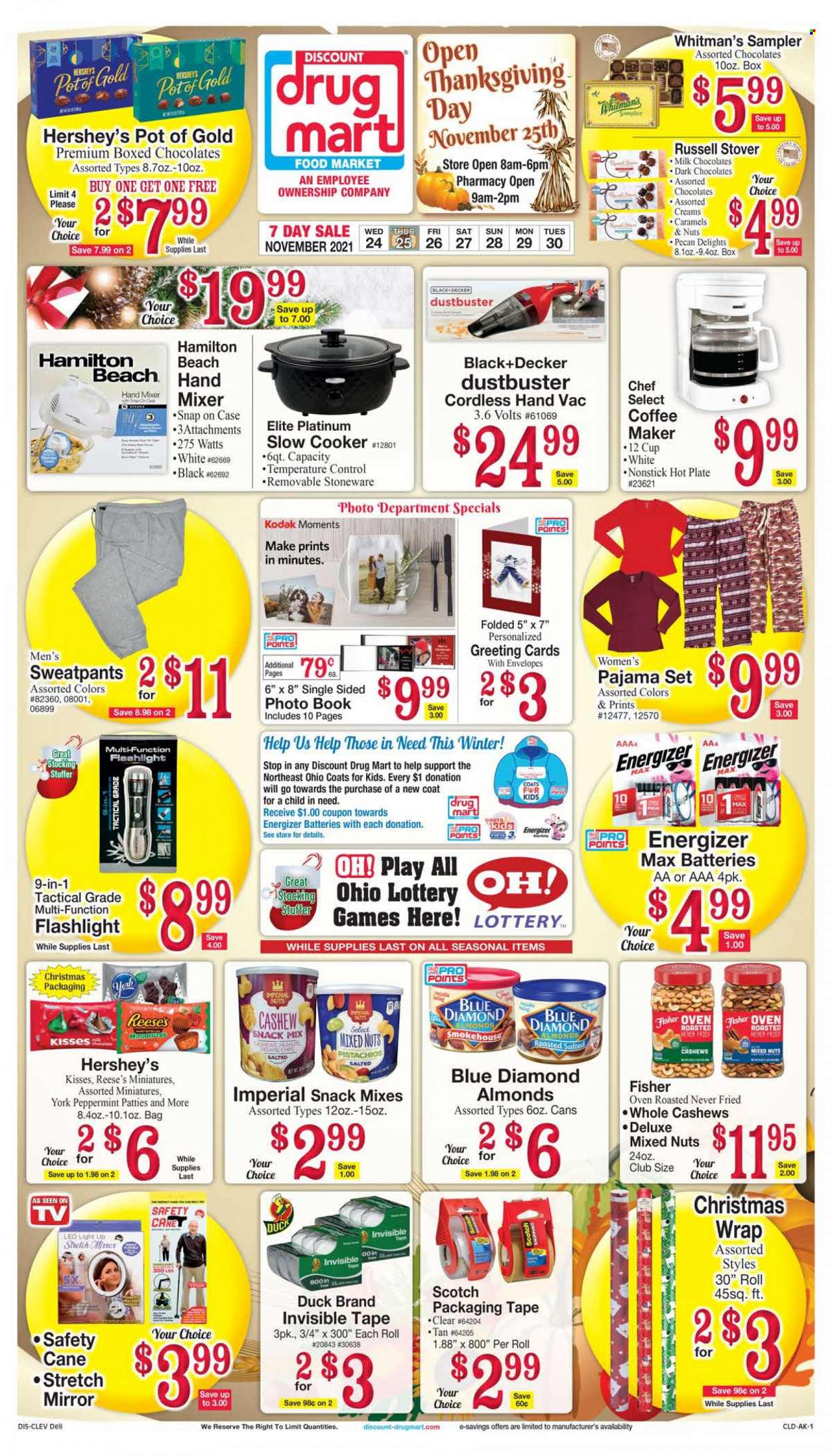 thumbnail - Discount Drug Mart Flyer - 11/24/2021 - 11/30/2021 - Sales products - Reese's, Hershey's, chocolate, snack, almonds, cashews, pistachios, mixed nuts, Blue Diamond, plate, pot, cup, stoneware, envelope, christmas wrap, Energizer, book, Moments, TV. Page 1.