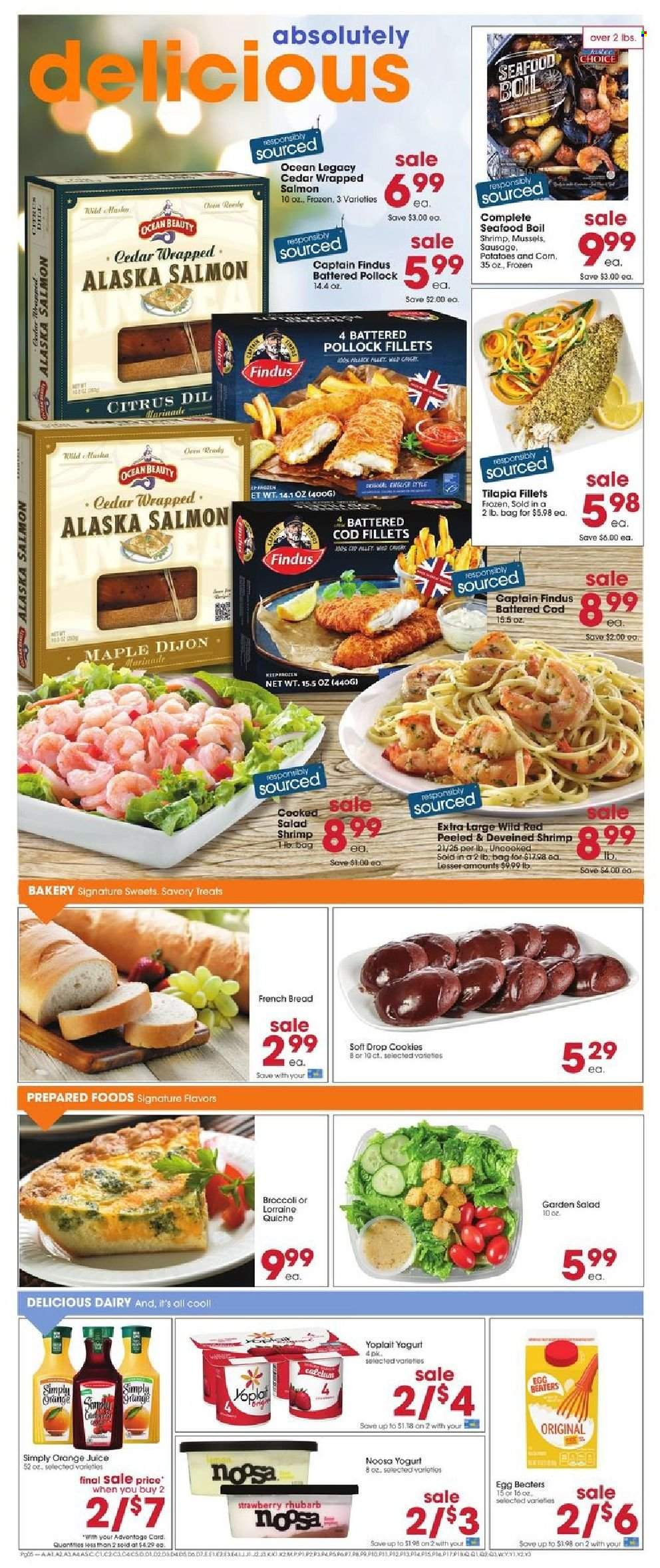 thumbnail - Giant Eagle Flyer - 11/25/2021 - 12/01/2021 - Sales products - bread, french bread, broccoli, rhubarb, salad, cod, mussels, salmon, tilapia, pollock, seafood, shrimps, seafood boil, sausage, yoghurt, Yoplait, eggs, quiche, cookies, marinade, orange juice, juice. Page 4.