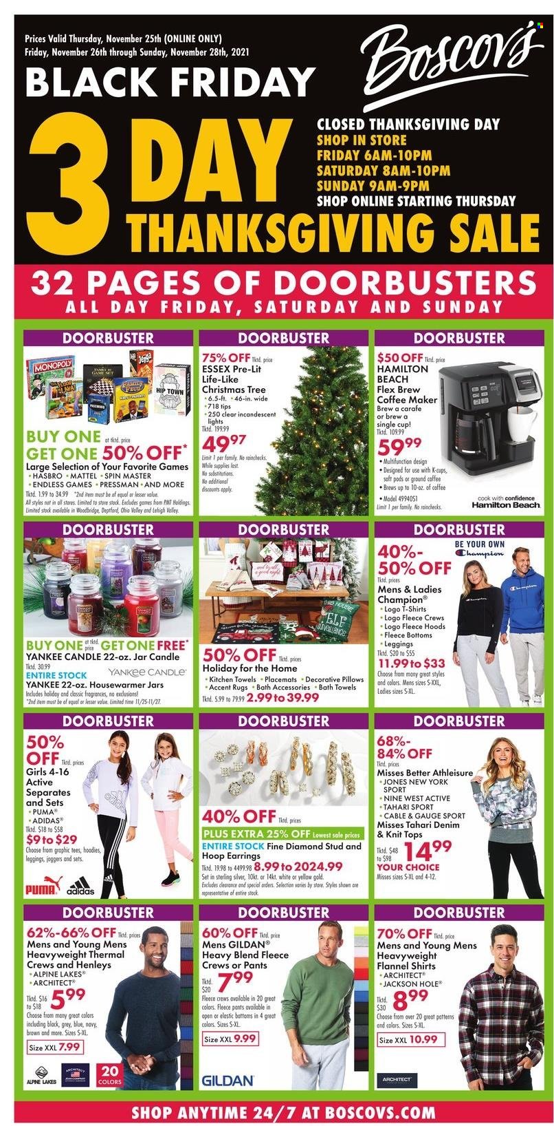 thumbnail - Boscov's Flyer - 11/25/2021 - 11/28/2021 - Sales products - Adidas, Puma, pie, bijzettafel, candle, Yankee Candle, placemat, kitchen towels, pillow, bath towel, coffee machine, pants, t-shirt, tops, hoodie, joggers, leggings, earrings. Page 1.