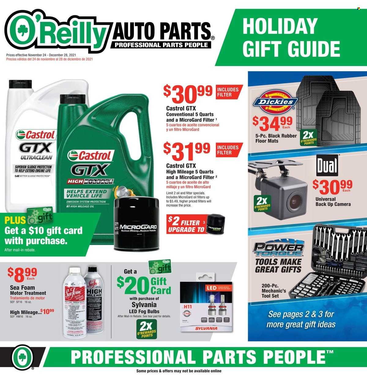 O'Reilly Auto Parts Flyer - 11/24/2021 - 12/28/2021 - Sales products - tool set, mechanic's tools, Dickies, oil filter, Castrol. Page 1.
