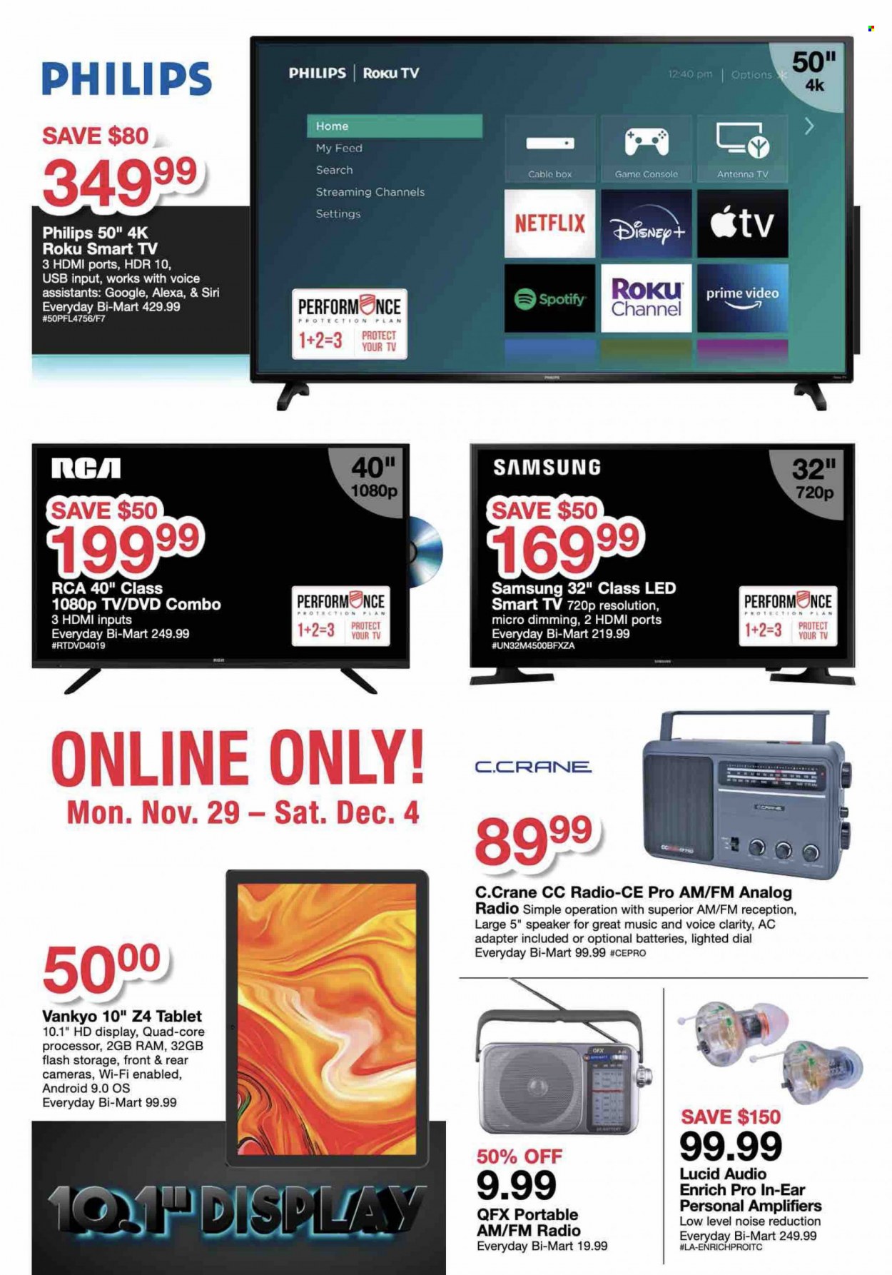thumbnail - Bi-Mart Flyer - 11/29/2021 - 12/04/2021 - Sales products - Philips, tablet, Dial, DVD, Samsung, RCA, roku tv, smart tv, TV, radio, speaker, antenna, adapter. Page 2.