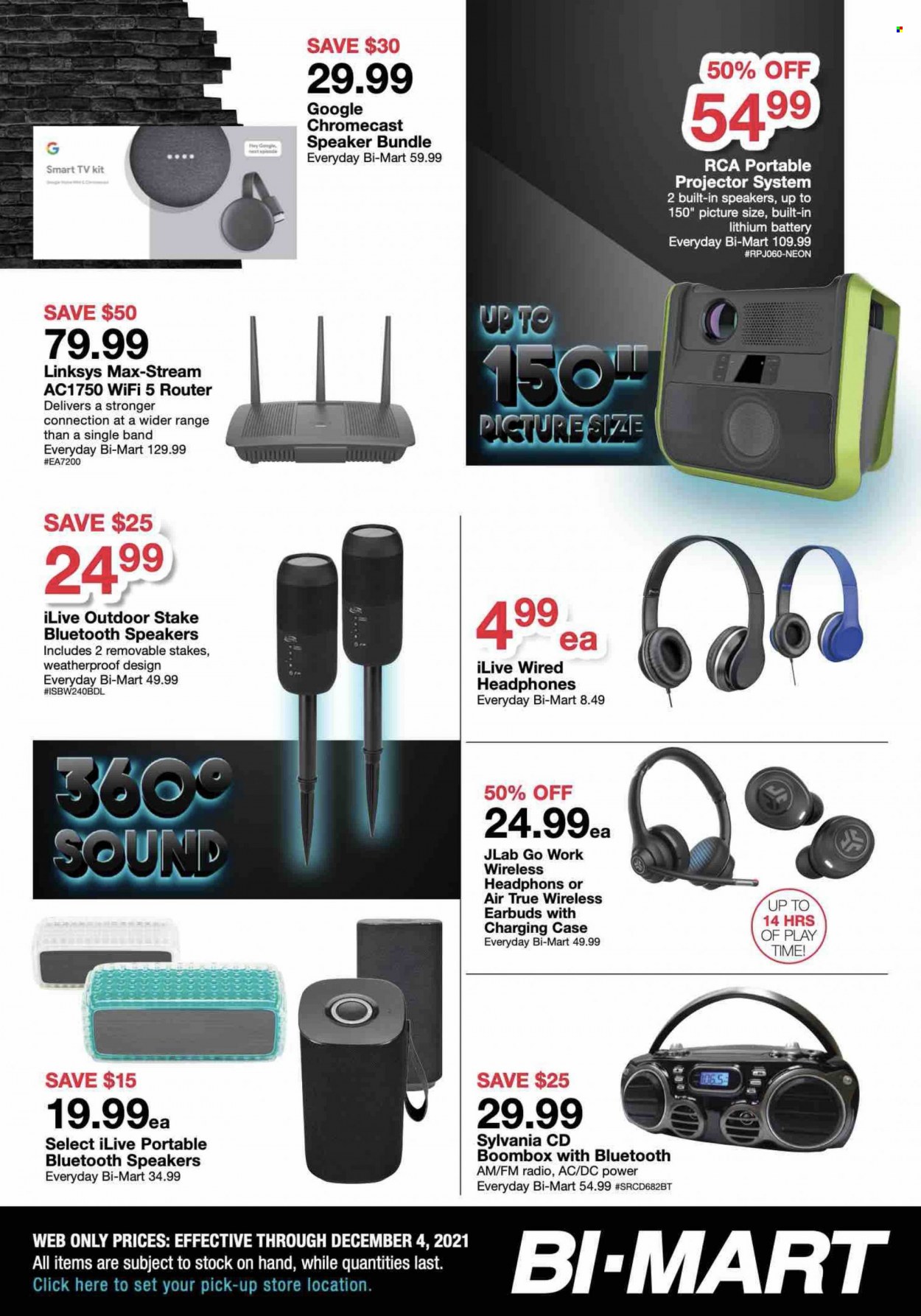 thumbnail - Bi-Mart Flyer - 11/29/2021 - 12/04/2021 - Sales products - Sylvania, Linksys, router, RCA, smart tv, TV, radio, projector, speaker, headphones, earbuds, Google Chromecast. Page 3.