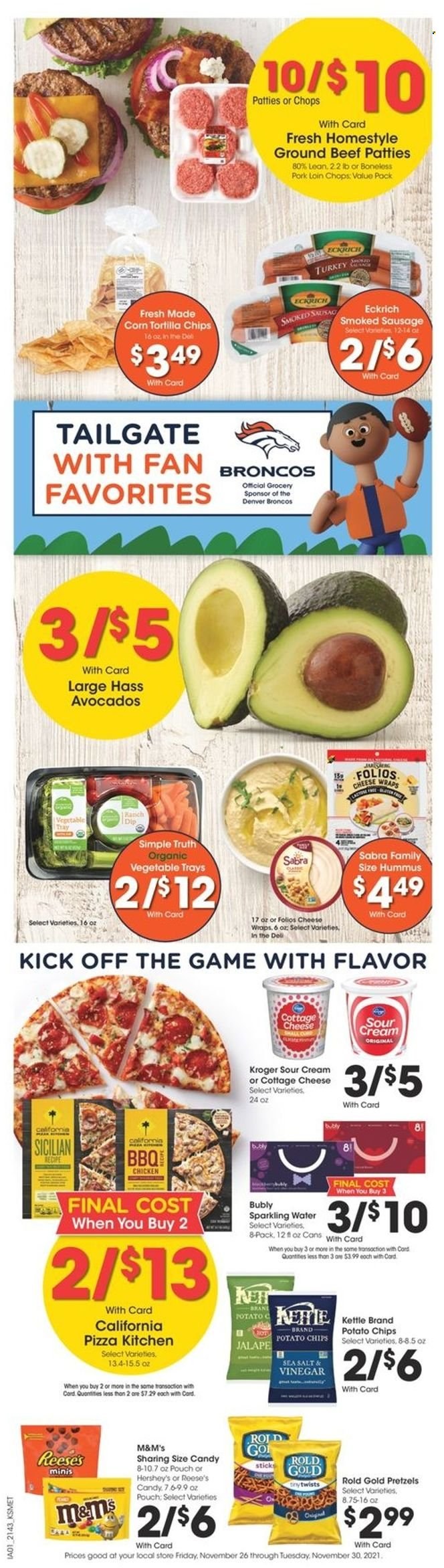 thumbnail - City Market Flyer - 11/26/2021 - 11/30/2021 - Sales products - wraps, avocado, pizza, sausage, smoked sausage, hummus, cottage cheese, sour cream, Reese's, Hershey's, M&M's, tortilla chips, potato chips, chips, sparkling water, beef meat, ground beef, pork chops, pork loin, pork meat. Page 2.