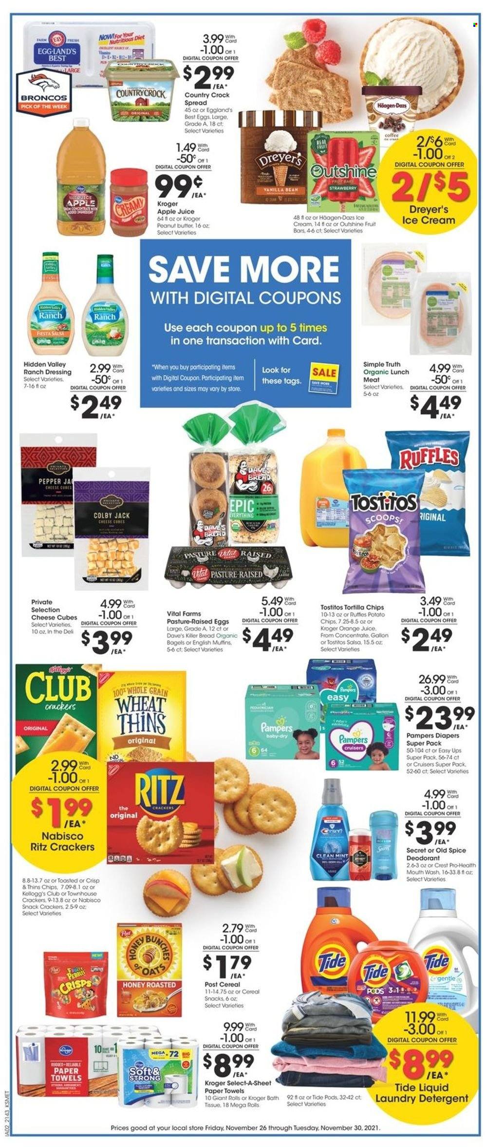 thumbnail - City Market Flyer - 11/26/2021 - 11/30/2021 - Sales products - bagels, bread, lunch meat, Colby cheese, eggs, ranch dressing, ice cream, Häagen-Dazs, snack, crackers, RITZ, tortilla chips, potato chips, chips, Thins, Ruffles, Tostitos, oats, spice, dressing, salsa, honey, peanut butter, apple juice, orange juice, juice, coffee, Pampers, nappies, bath tissue, kitchen towels, paper towels, detergent, Tide, laundry detergent, Old Spice, Crest, anti-perspirant, deodorant. Page 4.