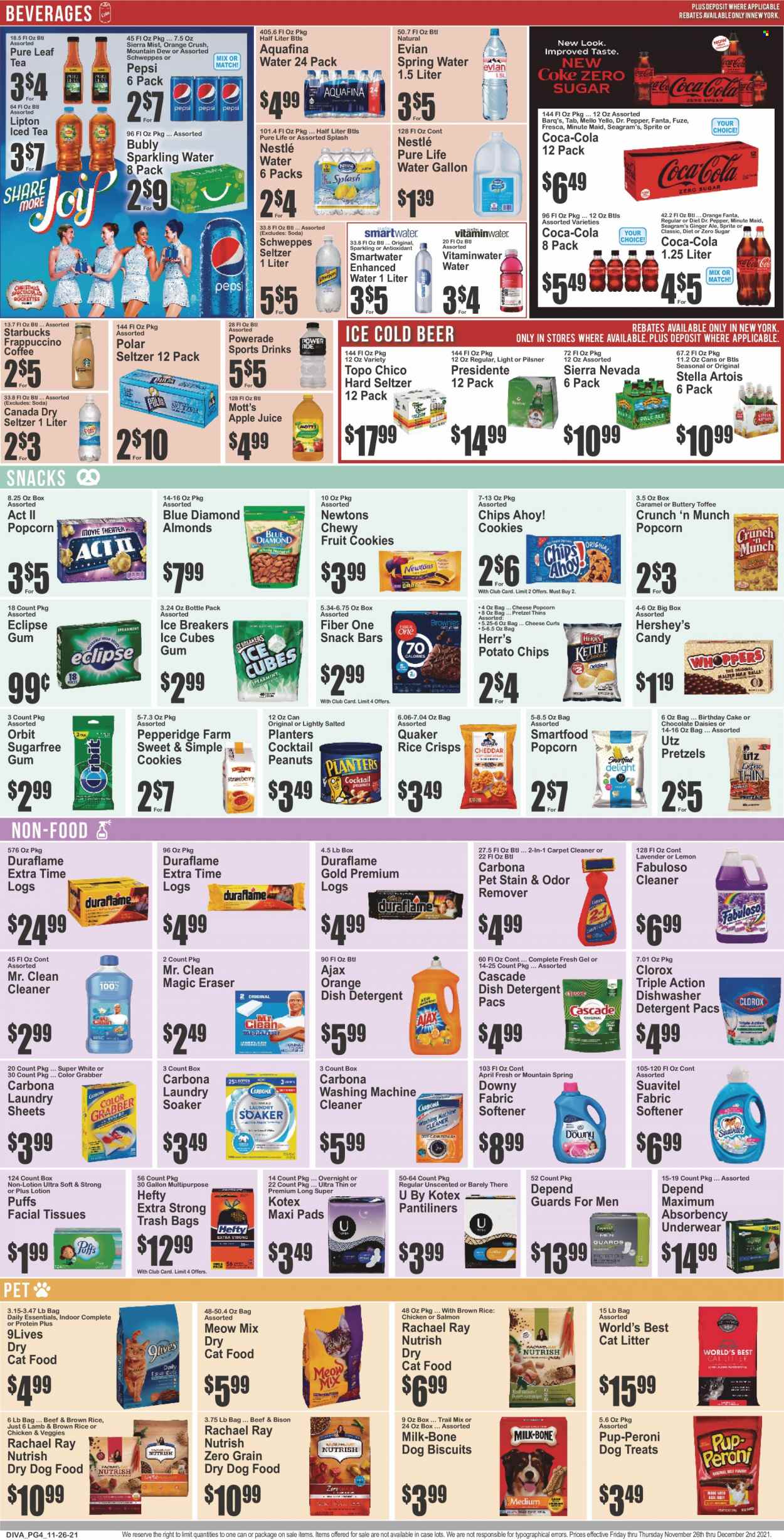 thumbnail - Key Food Flyer - 11/26/2021 - 12/02/2021 - Sales products - pretzels, cake, puffs, oranges, Mott's, Quaker, cheese, milk, Hershey's, cookies, Nestlé, chocolate, ice cubes gum, Orbit, toffee, Chips Ahoy!, snack bar, potato chips, chips, Smartfood, Thins, popcorn, rice crisps, Fiber One, almonds, peanuts, Planters, Blue Diamond, trail mix, apple juice, Canada Dry, Coca-Cola, ginger ale, Mountain Dew, Schweppes, Sprite, Powerade, Pepsi, juice, Fanta, Lipton, ice tea, Dr. Pepper, Sierra Mist, fruit punch, Aquafina, spring water, soda, sparkling water, Pure Life Water, Smartwater, Evian, Pure Leaf, coffee, Starbucks, frappuccino, Hard Seltzer, beer, tissues, detergent, cleaner, washing machine cleaner, Clorox, Carbona, Ajax, Fabuloso, Cascade, fabric softener, Downy Laundry, pantiliners, sanitary pads, Kotex, facial tissues, Hefty, trash bags, cat litter, animal food, animal treats, cat food, dog food, dog biscuits, 9lives, dry dog food, dry cat food, Pup-Peroni, Meow Mix, Nutrish, Stella Artois. Page 4.