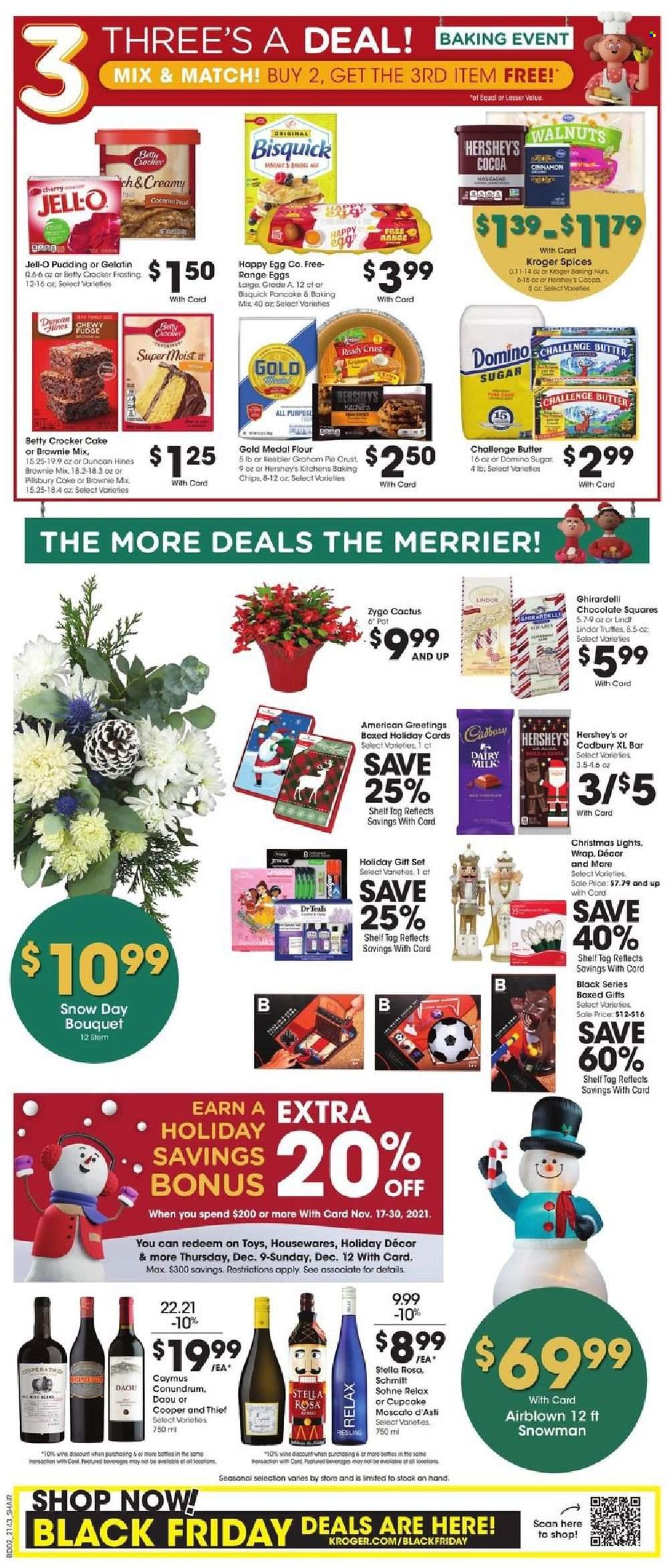 thumbnail - Kroger Flyer - 11/26/2021 - 11/30/2021 - Sales products - cake, brownie mix, cherries, coconut, cod, pancakes, pudding, eggs, butter, Hershey's, fudge, gift set, chocolate, Lindor, Cadbury, Dairy Milk, Ghirardelli, Keebler, Bisquick, flour, frosting, sugar, pie crust, Jell-O, baking chips, cinnamon, walnuts, Riesling, white wine, wine, Moscato, pot, toys, christmas lights, cactus, bouquet, Cooper. Page 3.