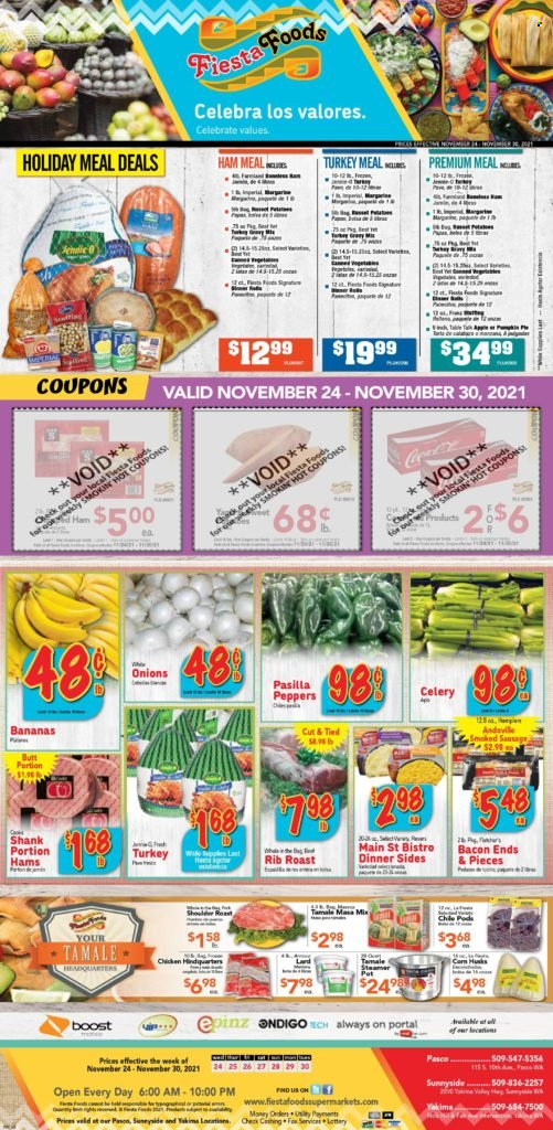 thumbnail - Fiesta Foods SuperMarkets Flyer - 11/24/2021 - 11/30/2021 - Sales products - celery, onion, peppers, bananas, bacon, ham, sausage, smoked sausage, Boost, pasilla. Page 1.