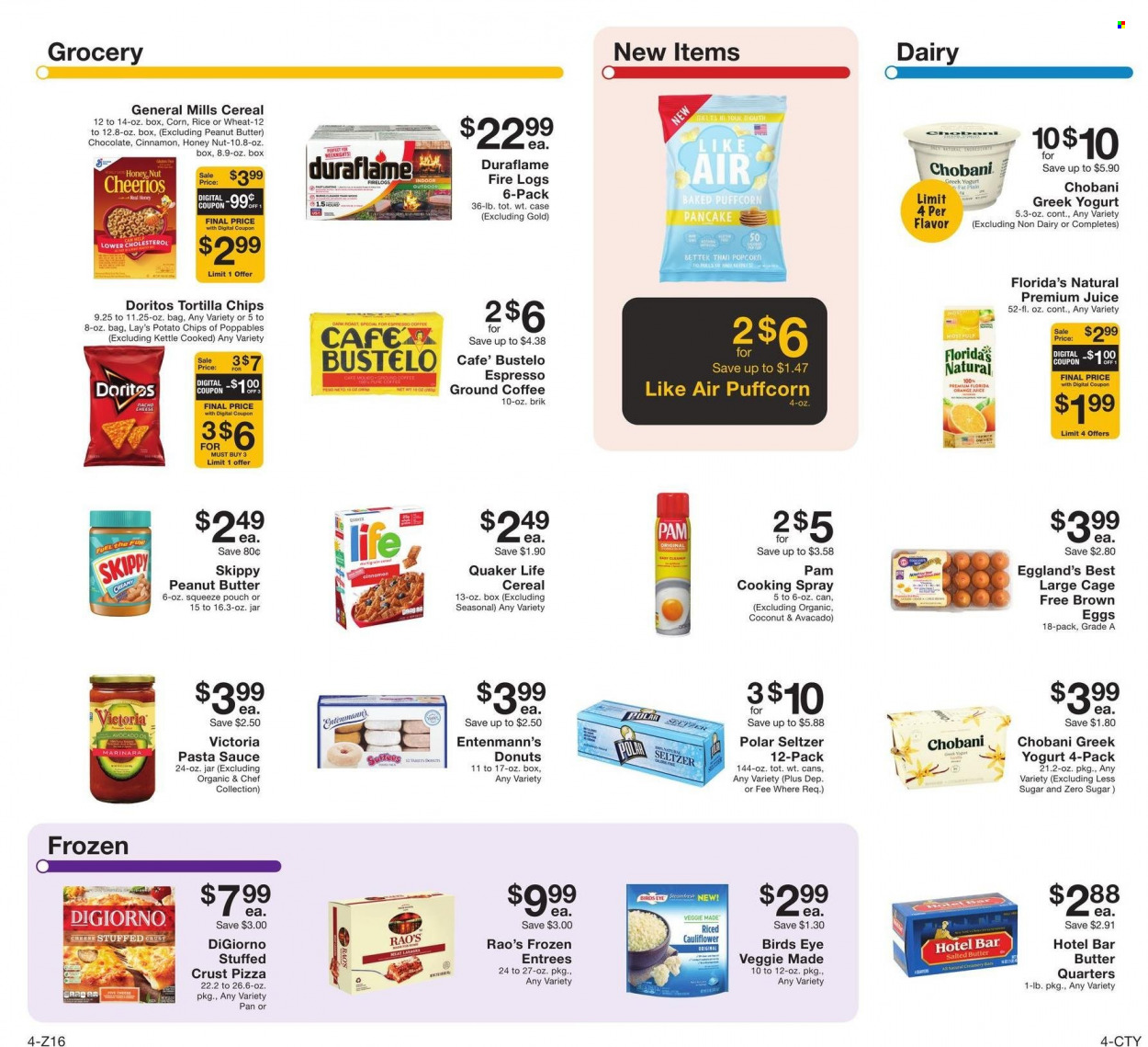 thumbnail - Fairway Market Flyer - 11/26/2021 - 12/02/2021 - Sales products - donut, Entenmann's, corn, pizza, pasta sauce, sauce, Bird's Eye, Quaker, ready meal, greek yoghurt, yoghurt, Chobani, eggs, cage free eggs, salted butter, frozen vegetables, Florida's Natural, General Mills, bars, Doritos, tortilla chips, potato chips, Lay’s, popcorn, salty snack, Cheerios, cooking spray, peanut butter, juice, seltzer water, coffee, ground coffee. Page 4.