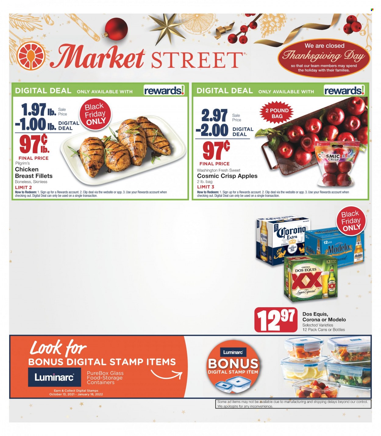 thumbnail - Market Street Flyer - 11/26/2021 - 11/30/2021 - Sales products - bread, white bread, apples, milk, chocolate, beer, Corona Extra, Modelo, chicken breasts, storage box, Dos Equis. Page 1.