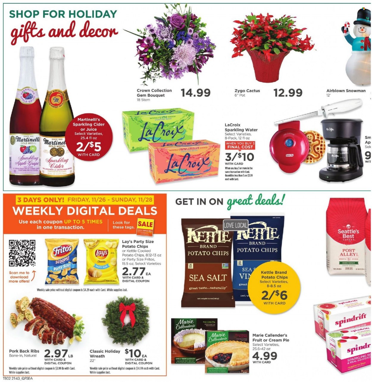 thumbnail - QFC Flyer - 11/26/2021 - 11/30/2021 - Sales products - pie, cream pie, apples, Marie Callender's, Fritos, potato chips, chips, juice, Spindrift, sparkling water, coffee, sparkling cider, sparkling wine, alcohol, cider, pork meat, pork ribs, pork back ribs, pot. Page 2.