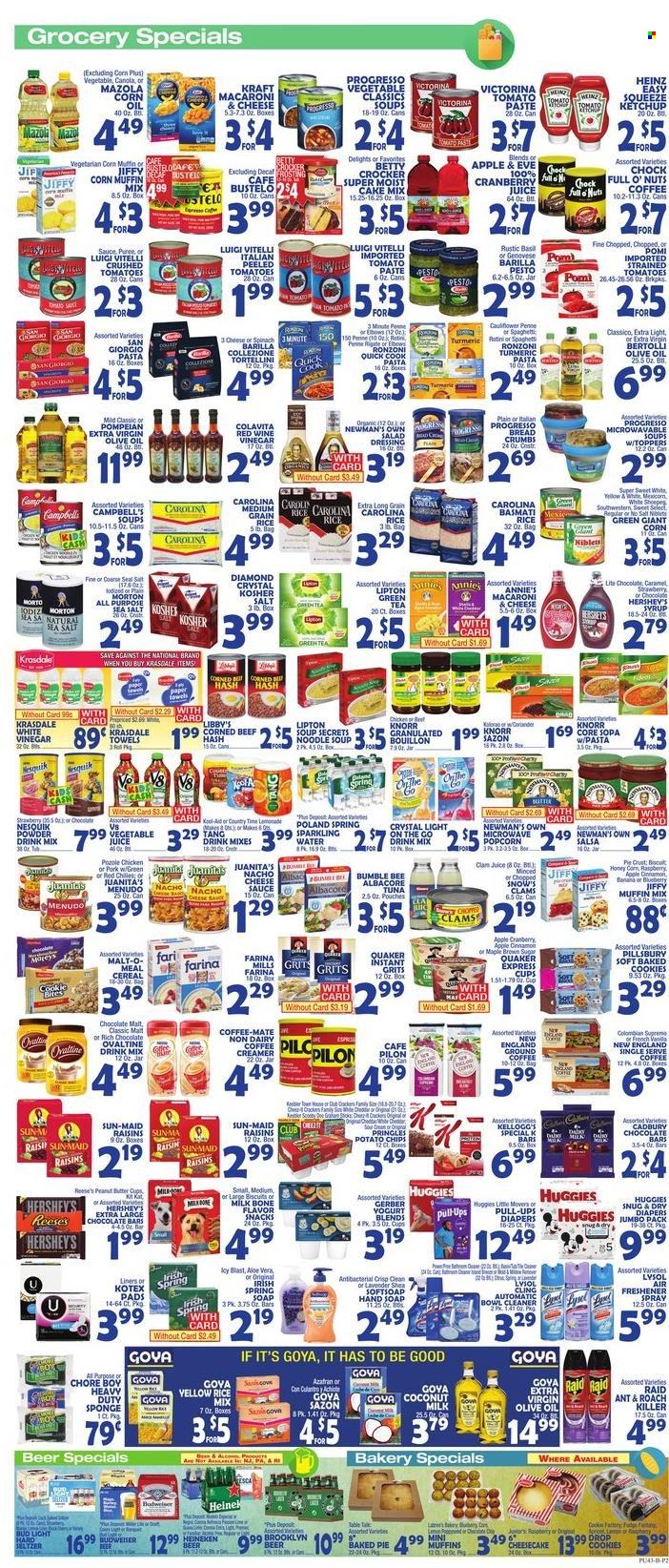 thumbnail - Bravo Supermarkets Flyer - 11/26/2021 - 12/02/2021 - Sales products - pie, breadcrumbs, cake mix, muffin mix, coconut, clams, tuna, Campbell's, macaroni & cheese, soup, pasta, Bumble Bee, Knorr, tortellini, Pillsbury, noodles cup, Barilla, Quaker, noodles, Progresso, Annie's, Kraft®, Bertolli, yoghurt, Nesquik, Coffee-Mate, milk, creamer, Reese's, Hershey's, cookies, snack, Kellogg's, Cadbury, chocolate bar, Gerber, potato chips, Pringles, chips, popcorn, bouillon, oats, grits, crushed tomatoes, tomato paste, Heinz, Goya, cereals, basmati rice, penne, medium grain rice, esponja, turmeric, cinnamon, caramel, salad dressing, ketchup, pesto, dressing, salsa, Classico, corn oil, extra virgin olive oil, wine vinegar, olive oil, honey, syrup, Jif, raisins, dried fruit, cranberry juice, lemonade, juice, Lipton, vegetable juice, sparkling water, powder drink, green tea, tea, ground coffee, beer, Heineken, Huggies, nappies, cleaner, Lysol, Softsoap, hand soap, soap, Kotex, Kotex pads, roach killer, Raid. Page 2.
