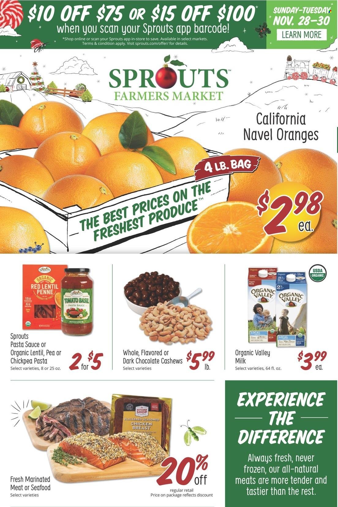 thumbnail - Sprouts Flyer - 11/26/2021 - 11/30/2021 - Sales products - oranges, seafood, pasta sauce, organic milk, chocolate, penne, esponja, cashews, chicken breasts, navel oranges. Page 1.