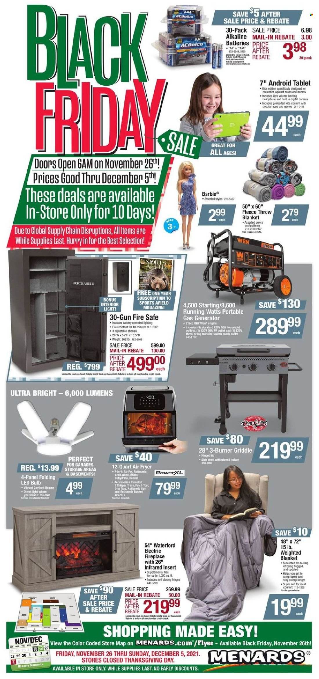 thumbnail - Menards Flyer - 11/26/2021 - 12/05/2021 - Sales products - switch, basket, holder, Barbie, lid, bulb, LED bulb, blanket, fleece throw, lighting, fireplace, electric fireplace, gas generator, generator. Page 1.