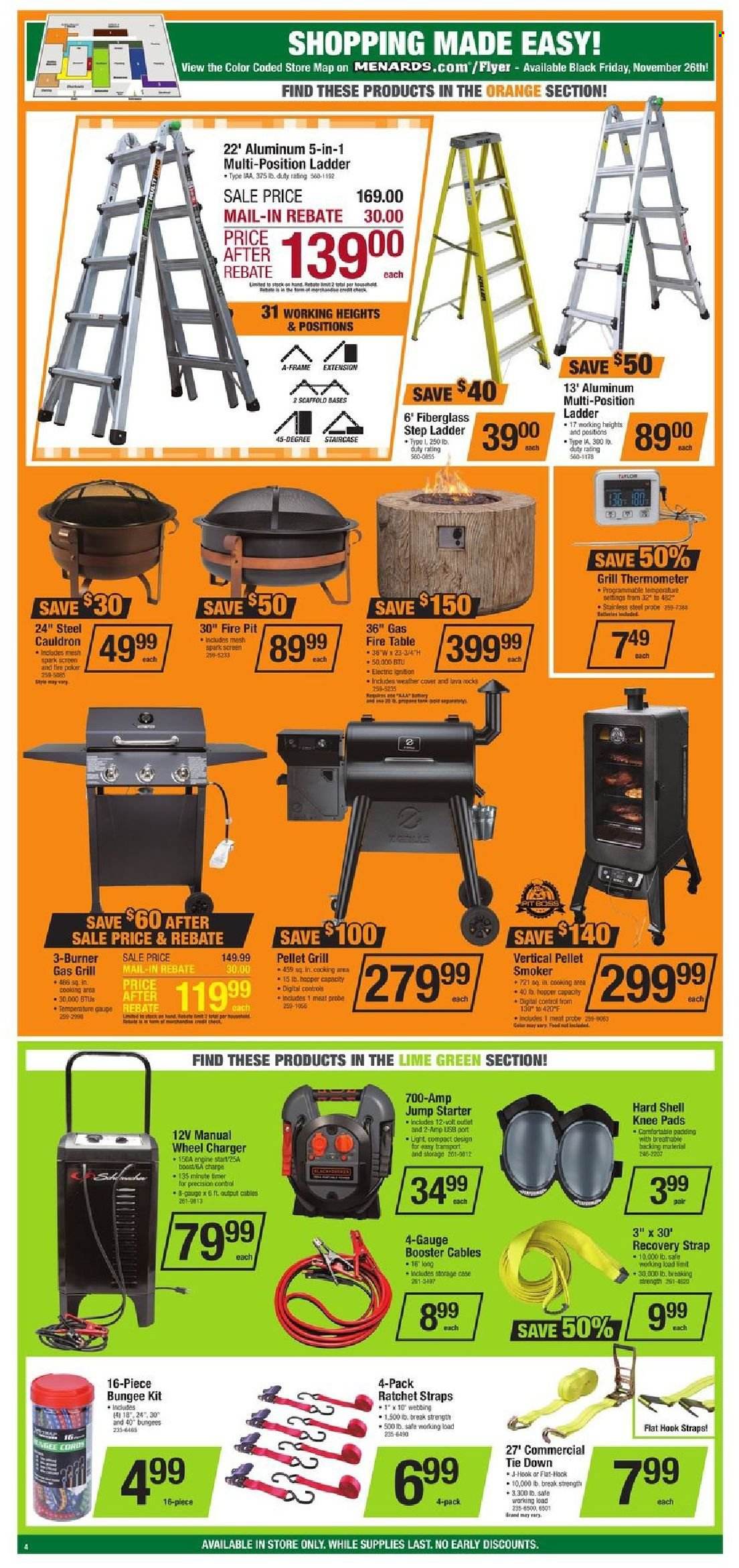 thumbnail - Menards Flyer - 11/26/2021 - 12/05/2021 - Sales products - thermometer, lid, table, ladder, timer, knee pads, gas grill, grill, pellet grill, fire bowl, strap, booster cables, starter, Shell, smoker. Page 5.