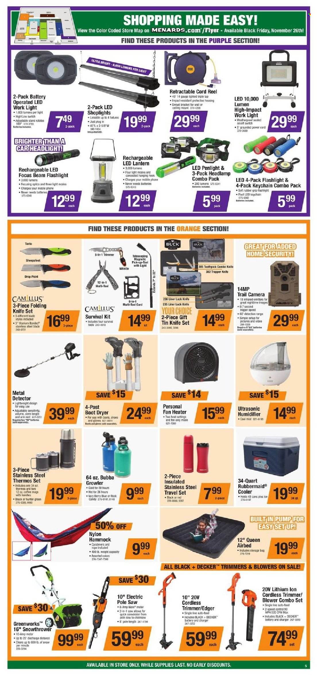 thumbnail - Menards Flyer - 11/26/2021 - 12/05/2021 - Sales products - knife, airbed, lantern, work light, heater, fan heater, Black & Decker, chain saw, saw, trimmer, blower, headlamp, pump, hammock. Page 6.