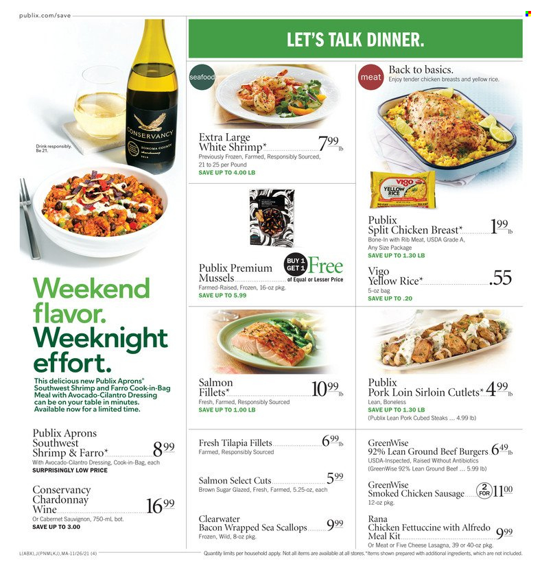 thumbnail - Publix Flyer - 11/26/2021 - 12/01/2021 - Sales products - mussels, salmon, salmon fillet, scallops, tilapia, seafood, shrimps, hamburger, beef burger, lasagna meal, Rana, bacon, sausage, chicken sausage, cane sugar, rice, cilantro, dressing, Cabernet Sauvignon, Chardonnay, wine, chicken breasts, beef meat, ground beef, steak, pork loin, pork meat. Page 4.