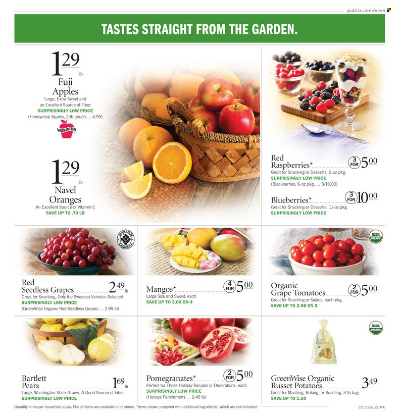 thumbnail - Publix Flyer - 11/26/2021 - 12/01/2021 - Sales products - Bartlett pears, seedless grapes, persimmons, russet potatoes, tomatoes, apples, blackberries, pears, oranges, Fuji apple, vitamin c, pomegranate, navel oranges. Page 7.