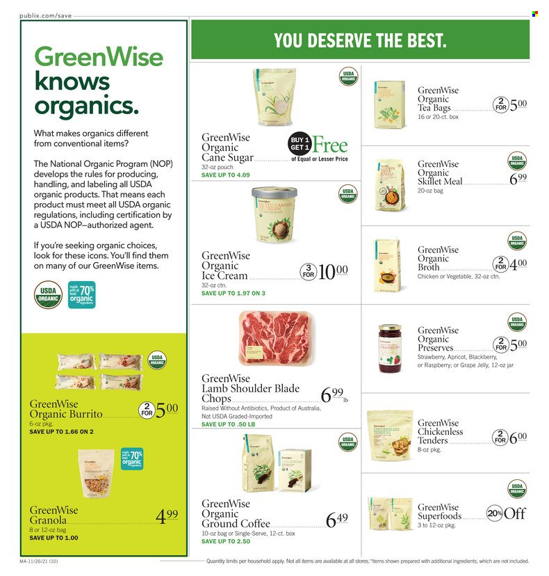 thumbnail - Publix Flyer - 11/26/2021 - 12/01/2021 - Sales products - burrito, jelly, cane sugar, broth, granola, grape jelly, tea bags, coffee, ground coffee, lamb meat, lamb shoulder. Page 10.