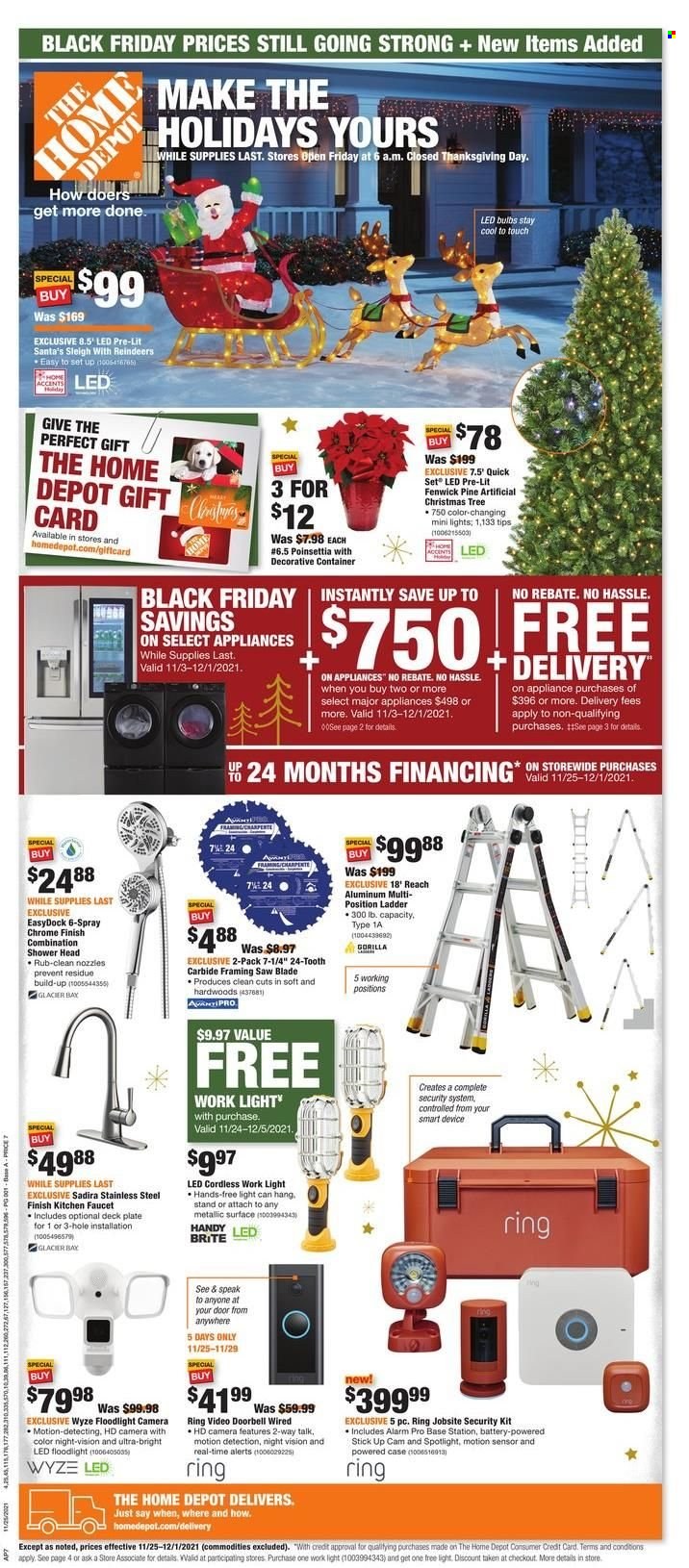 thumbnail - The Home Depot Flyer - 11/25/2021 - 12/01/2021 - Sales products - plate, container, bulb, LED bulb, spotlight, doorbell, alarm, motion sensor, video doorbell, camera, christmas tree, ladder, work light, floodlight, saw, poinsettia. Page 1.