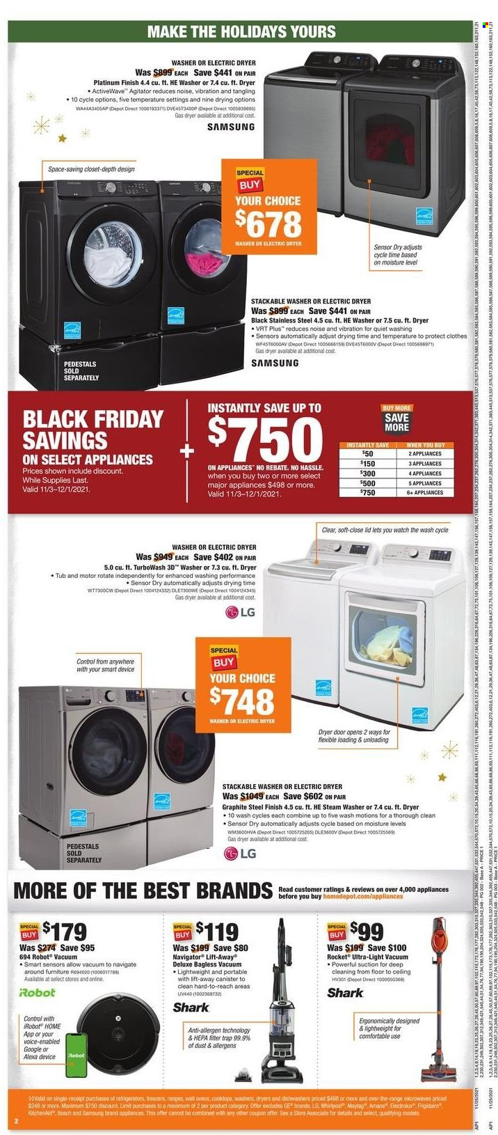 thumbnail - The Home Depot Flyer - 11/25/2021 - 12/01/2021 - Sales products - canister, lid, LG, Maytag, washing machine, electric dryer, washers, robot vacuum, closet system. Page 2.