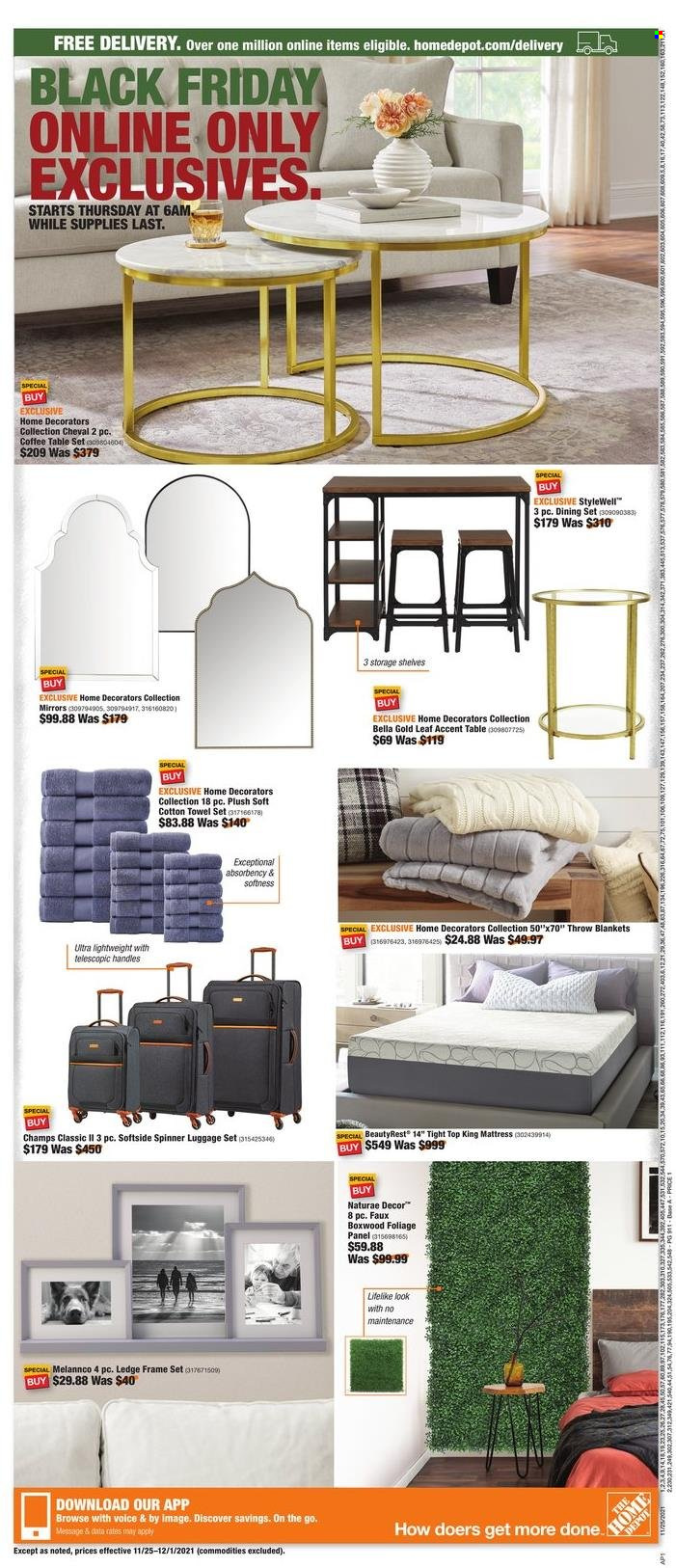 thumbnail - The Home Depot Flyer - 11/25/2021 - 12/01/2021 - Sales products - blanket, towel, dining set, table, table set, coffee table, shelves, mattress, mirror. Page 11.
