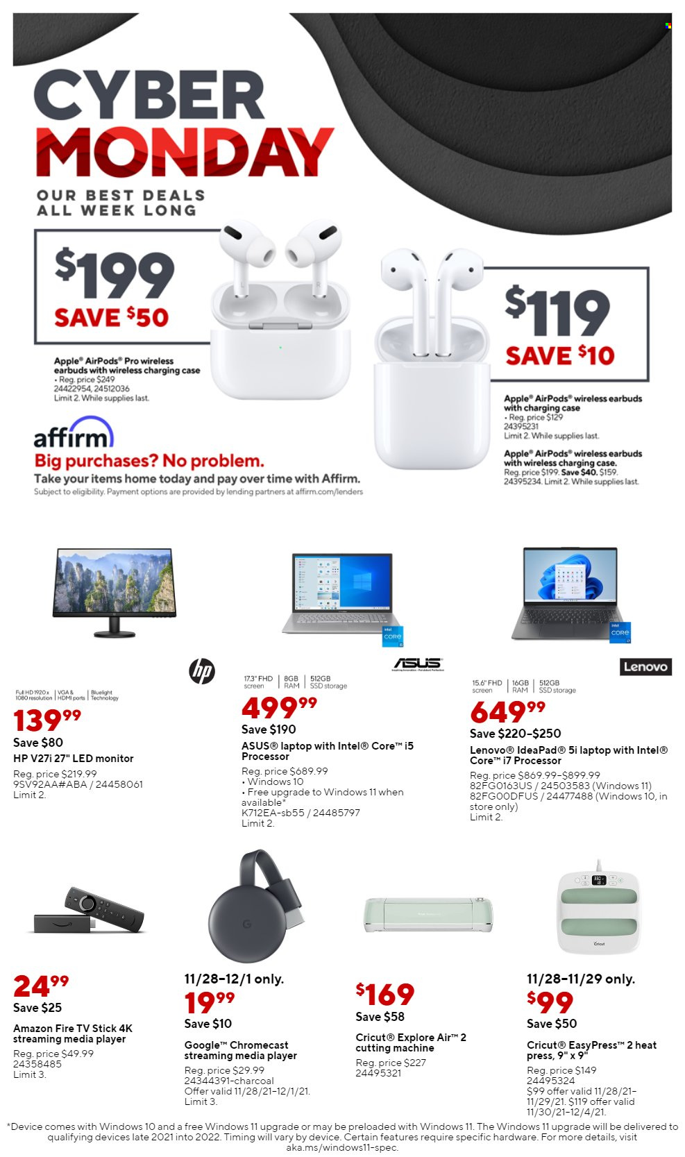 thumbnail - Staples Flyer - 11/28/2021 - 12/04/2021 - Sales products - Intel, Apple, Asus, Lenovo, Hewlett Packard, Amazon Fire, laptop, monitor, Airpods, earbuds, Apple AirPods Pro, streaming media player, Google Chromecast, Fire TV Stick. Page 1.