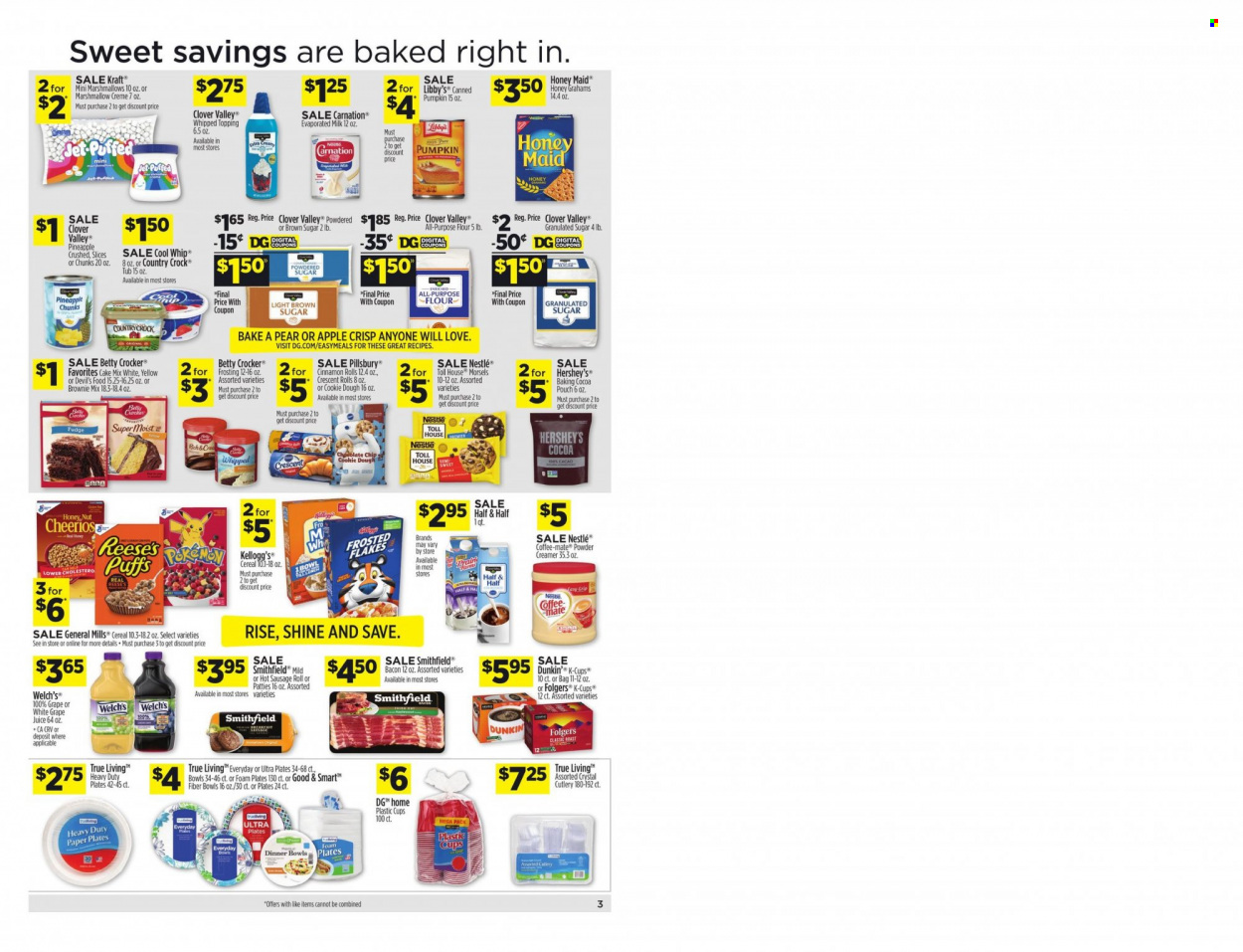 thumbnail - Dollar General Flyer - 11/21/2021 - 11/27/2021 - Sales products - puffs, cake, brownie mix, pumpkin, pineapple, pears, Welch's, Pillsbury, Kraft®, bacon, sausage, Clover, Coffee-Mate, Cool Whip, creamer, Reese's, Hershey's, cookie dough, fudge, Nestlé, Kellogg's, cocoa, flour, frosting, granulated sugar, cereals, Cheerios, Honey Maid, Folgers, coffee capsules, K-Cups, Jet, plate, paper, paper plate, foam plates, Half and half. Page 4.