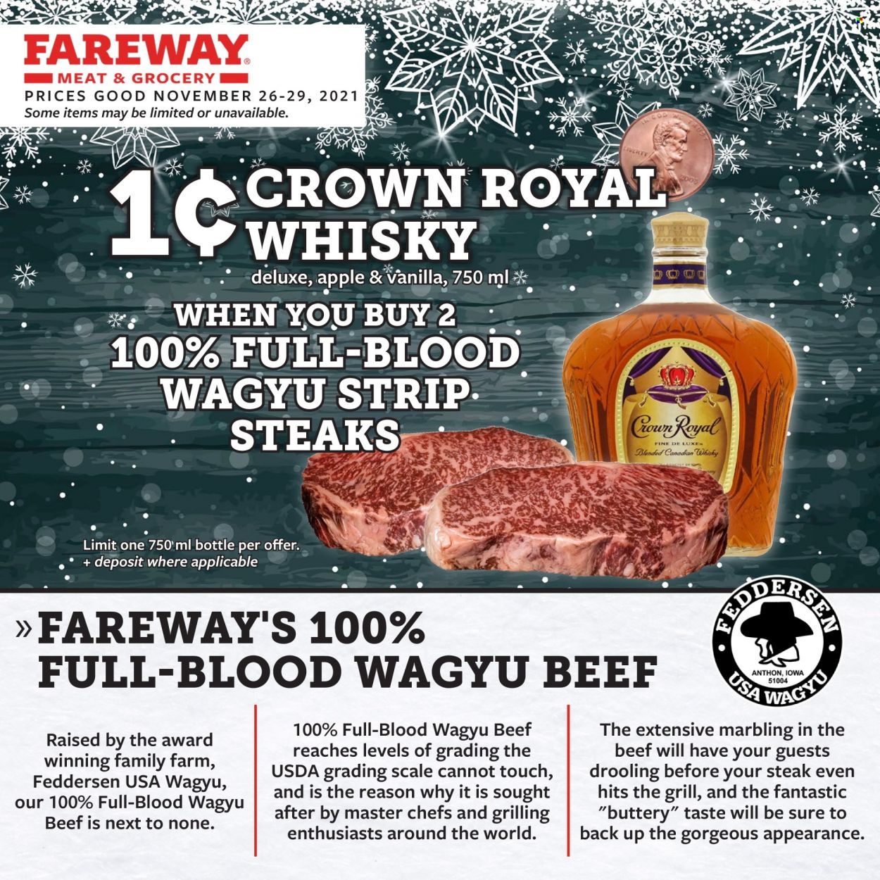 Fareway Flyer - 11/26/2021 - 11/29/2021 - Sales products - whisky, beef meat, steak, striploin steak, Sure. Page 1.
