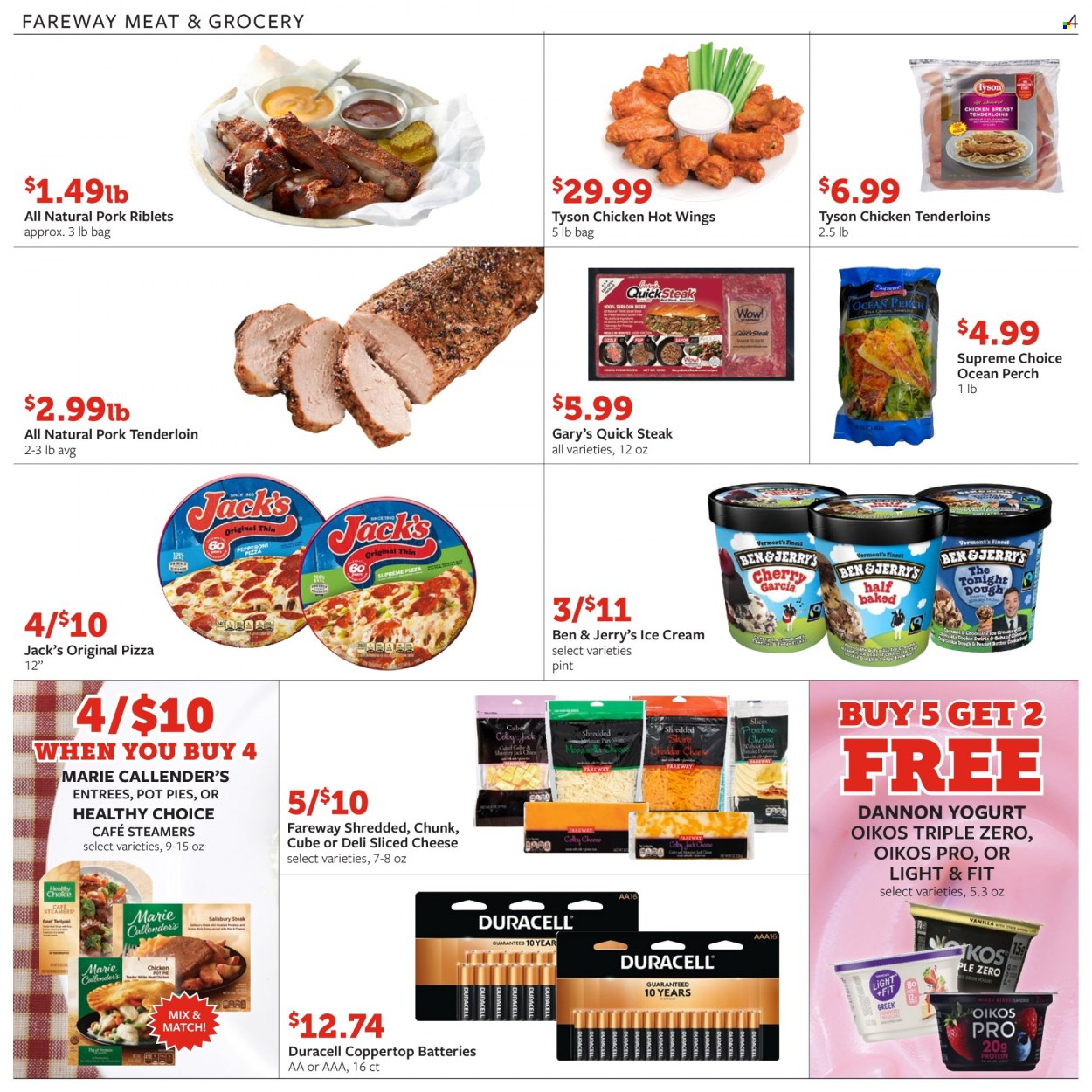thumbnail - Fareway Flyer - 11/26/2021 - 11/29/2021 - Sales products - pot pie, cherries, perch, pizza, Healthy Choice, Marie Callender's, pepperoni, Colby cheese, sliced cheese, cheddar, yoghurt, Oikos, Dannon, ice cream, Ben & Jerry's, chicken breasts, steak, pork meat, pork tenderloin. Page 4.