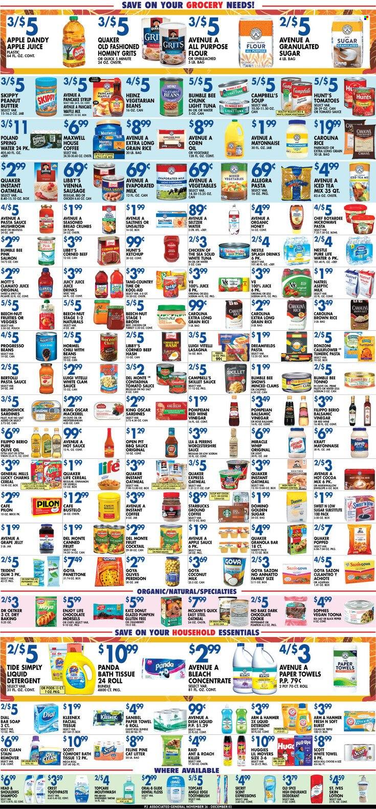 thumbnail - Associated Supermarkets Flyer - 11/26/2021 - 12/02/2021 - Sales products - mushrooms, panettone, donut, breadcrumbs, cauliflower, tomatoes, pumpkin, Mott's, clams, mackerel, salmon, sardines, tuna, beef hash, Campbell's, pasta sauce, soup, Bumble Bee, sauce, Quaker, Progresso, lasagna meal, Kraft®, Hormel, sausage, vienna sausage, corned beef, Dr. Oetker, butter, Miracle Whip, mixed vegetables, Nestlé, chocolate, jelly, Trident, saltines, all purpose flour, ARM & HAMMER, flour, granulated sugar, oatmeal, grits, broth, coconut milk, tomato sauce, Heinz, light tuna, Chicken of the Sea, Goya, Chef Boyardee, canned fruit, cereals, granola, granola bar, brown rice, rice, long grain rice, turmeric, spice, BBQ sauce, worcestershire sauce, hot sauce, balsamic vinegar, corn oil, vinegar, wine vinegar, olive oil, apple sauce, grape jelly, honey, pancake syrup, syrup, apple juice, juice, ice tea, Clamato, seltzer water, Pure Life Water, hot cocoa, Maxwell House, Starbucks, instant coffee, ground coffee, beef meat, Huggies, bath tissue, Kleenex, Scott, kitchen towels, paper towels, detergent, bleach, stain remover, Tide, liquid detergent, shampoo, Old Spice, soap bar, Dial, soap, toothbrush, Oral-B, toothpaste, mouthwash, Crest, Head & Shoulders, body lotion, anti-perspirant, deodorant, roach killer, Raid. Page 2.