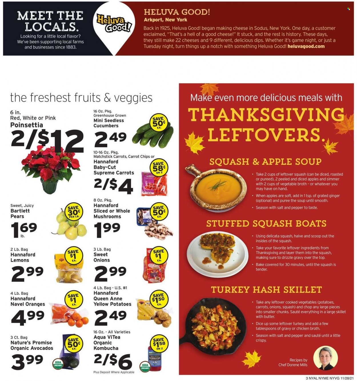 thumbnail - Hannaford Flyer - 11/28/2021 - 12/04/2021 - Sales products - Bartlett pears, Nature’s Promise, ginger, avocado, pears, oranges, soup, cheese, chips, chicken broth, broth, kombucha, Sure, poinsettia, lemons, navel oranges. Page 3.