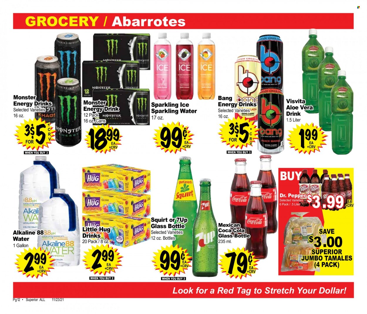 thumbnail - Superior Grocers Flyer - 11/23/2021 - 12/20/2021 - Sales products - pepper, Coca-Cola, energy drink, Monster, Dr. Pepper, 7UP, Monster Energy, sparkling water, glass bottle. Page 12.
