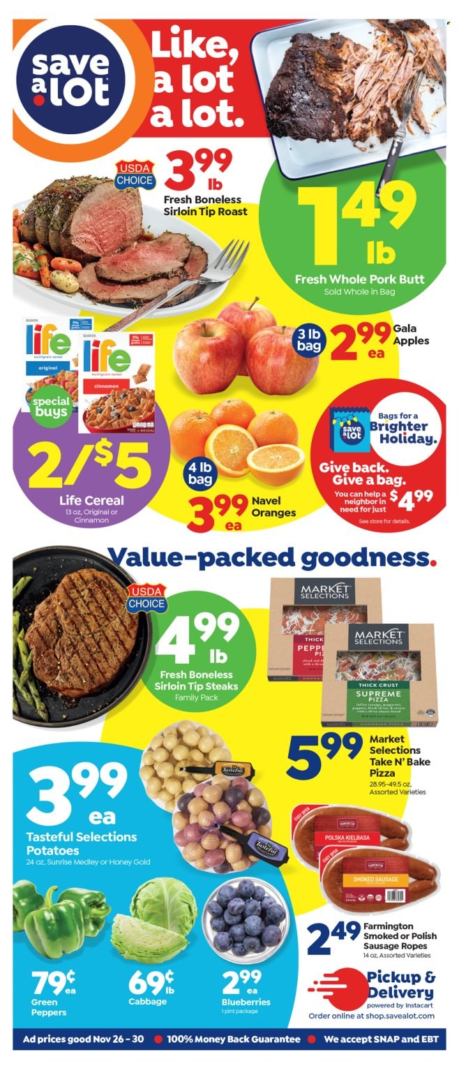 thumbnail - Save a Lot Flyer - 11/26/2021 - 11/30/2021 - Sales products - cabbage, potatoes, peppers, apples, blueberries, Gala, oranges, pizza, sausage, kielbasa, cereals, cinnamon, steak, navel oranges. Page 1.