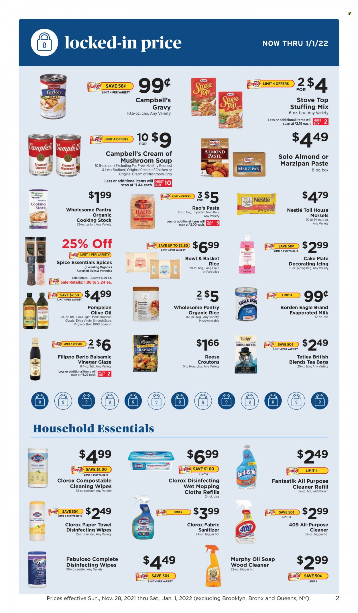 thumbnail - ShopRite Flyer - 11/28/2021 - 01/01/2022 - Sales products - Bowl & Basket, Campbell's, mushroom soup, soup, pasta, evaporated milk, Nestlé, croutons, marzipan, rice, spice, balsamic vinegar, extra virgin olive oil, vinegar, olive oil, oil, tea bags, beer, cleansing wipes, wipes, paper towels, cleaner, bleach, all purpose cleaner, Clorox, Fabuloso, soap, canister. Page 2.