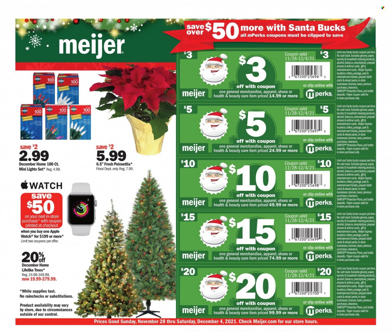 thumbnail - Meijer Flyer - 11/28/2021 - 12/04/2021 - Sales products - shoes, Santa, paper, Apple Watch, Apple, watch. Page 1.