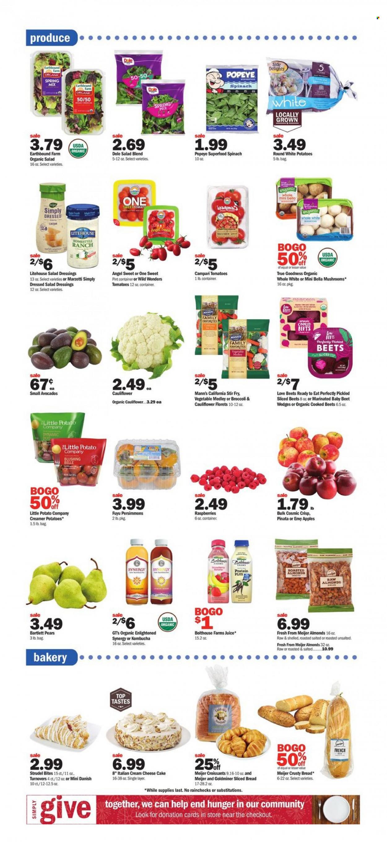 thumbnail - Meijer Flyer - 11/28/2021 - 12/04/2021 - Sales products - mushrooms, Bartlett pears, persimmons, bread, cake, croissant, strudel, turnovers, cheesecake, broccoli, cauliflower, tomatoes, potatoes, Dole, apples, avocado, pears, cream cheese, cheese, salad dressing, almonds, juice, kombucha, container. Page 3.