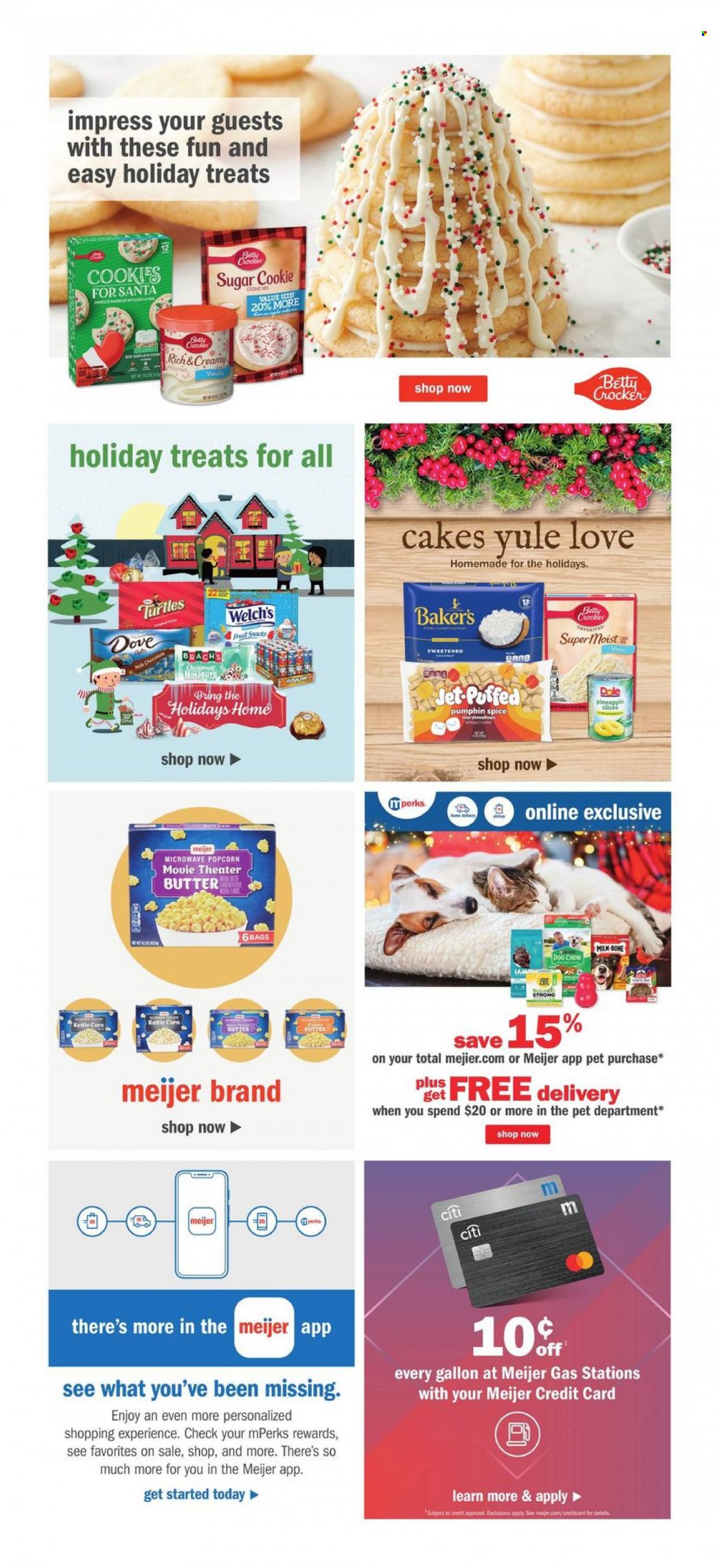 thumbnail - Meijer Flyer - 11/28/2021 - 12/04/2021 - Sales products - cake, Dole, pineapple, Welch's, milk, butter, cookies, chocolate, Santa, kettle corn, popcorn, sugar, spice, Jet, Dove. Page 9.