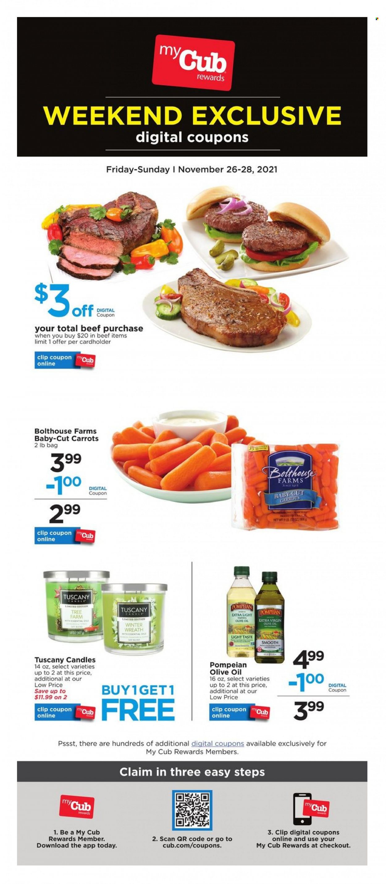 Cub Foods Flyer - 11/26/2021 - 11/28/2021 - Sales products - carrots, extra virgin olive oil, olive oil, oil. Page 1.