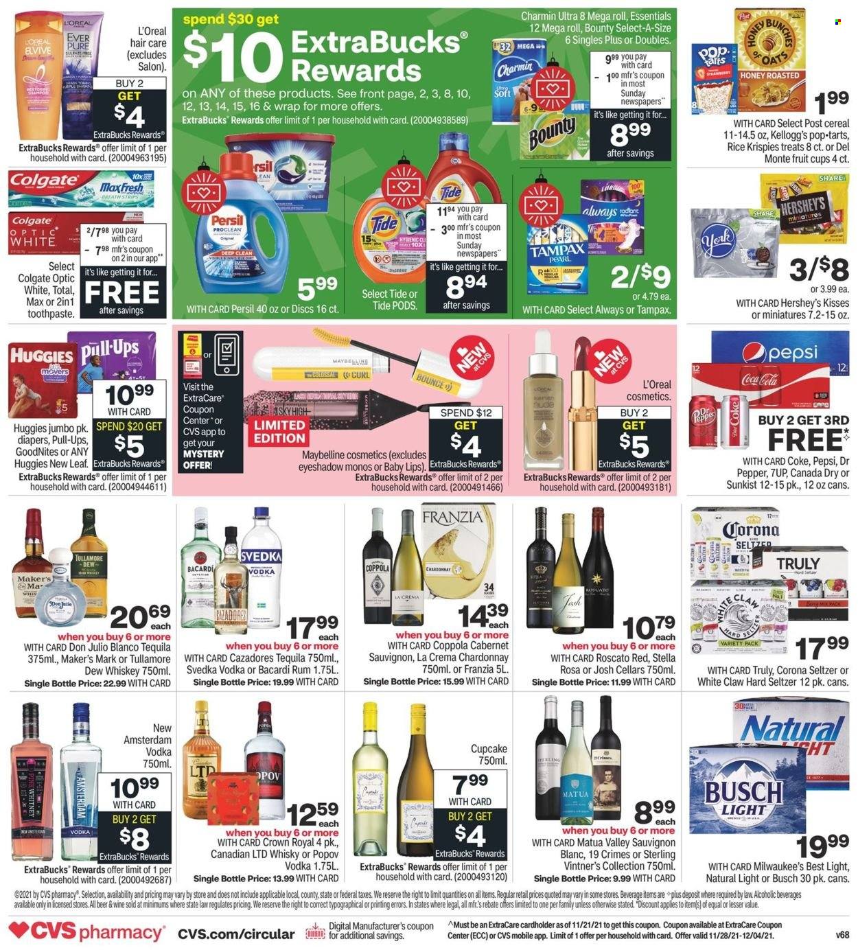 thumbnail - CVS Pharmacy Flyer - 11/28/2021 - 12/04/2021 - Sales products - Hershey's, Bounty, Kellogg's, Pop-Tarts, cereals, oats, Rice Krispies, Canada Dry, Coca-Cola, Pepsi, Dr. Pepper, 7UP, Cabernet Sauvignon, red wine, white wine, Chardonnay, wine, Sauvignon Blanc, Bacardi, rum, tequila, vodka, whiskey, White Claw, Hard Seltzer, TRULY, whisky, Huggies, nappies, Charmin, Tide, Persil, Bounce, Colgate, toothpaste, Tampax, L’Oréal, Maybelline, beer, Busch, Corona Extra, eyeshadow. Page 2.
