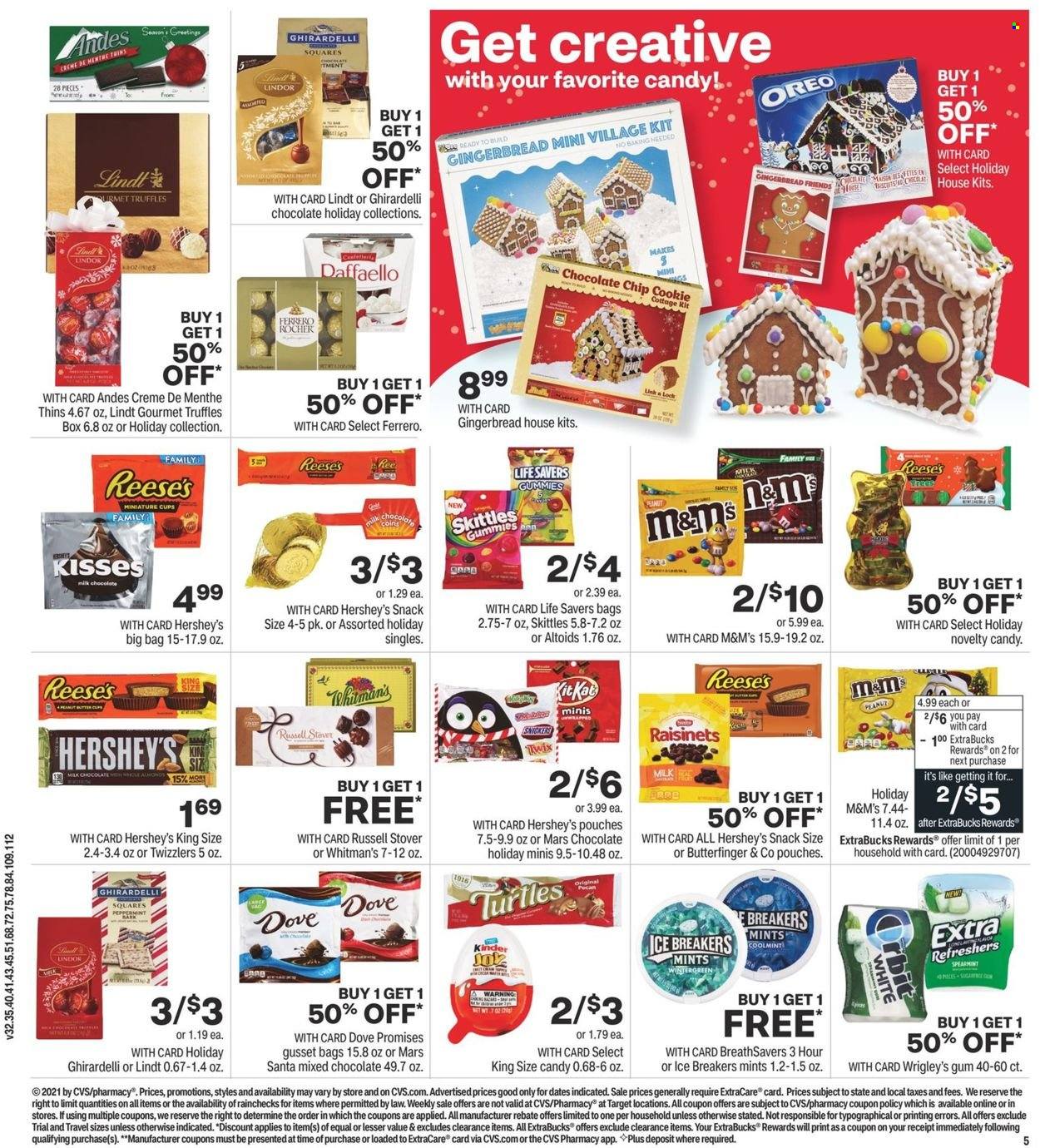 thumbnail - CVS Pharmacy Flyer - 11/28/2021 - 12/04/2021 - Sales products - milk, Oreo, Reese's, Hershey's, gingerbread, snack, Lindt, Lindor, Ferrero Rocher, Twix, Mars, truffles, M&M's, Santa, Skittles, Ghirardelli, Thins, creme de menthe, Dove. Page 8.