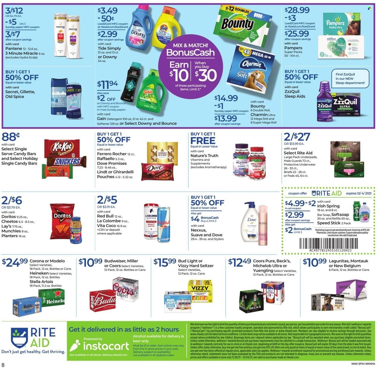 thumbnail - RITE AID Flyer - 11/28/2021 - 12/04/2021 - Sales products - Reese's, Lindt, Ferrero Rocher, Snickers, Bounty, Raffaello, Ghirardelli, Doritos, Cheetos, Lay’s, spice, Planters, Red Bull, coffee, alcohol, Hard Seltzer, beer, Bud Light, Corona Extra, Heineken, Miller, Beck's, Modelo, Pampers, Dove, Charmin, detergent, Gain, Tide, fabric softener, Bounce, Softsoap, Suave, Old Spice, soap bar, soap, Pantene, Nexxus, Brite, Speed Stick, Gillette, Nature's Truth, ZzzQuil, Budweiser, Stella Artois, Coors, Yuengling, Michelob. Page 5.